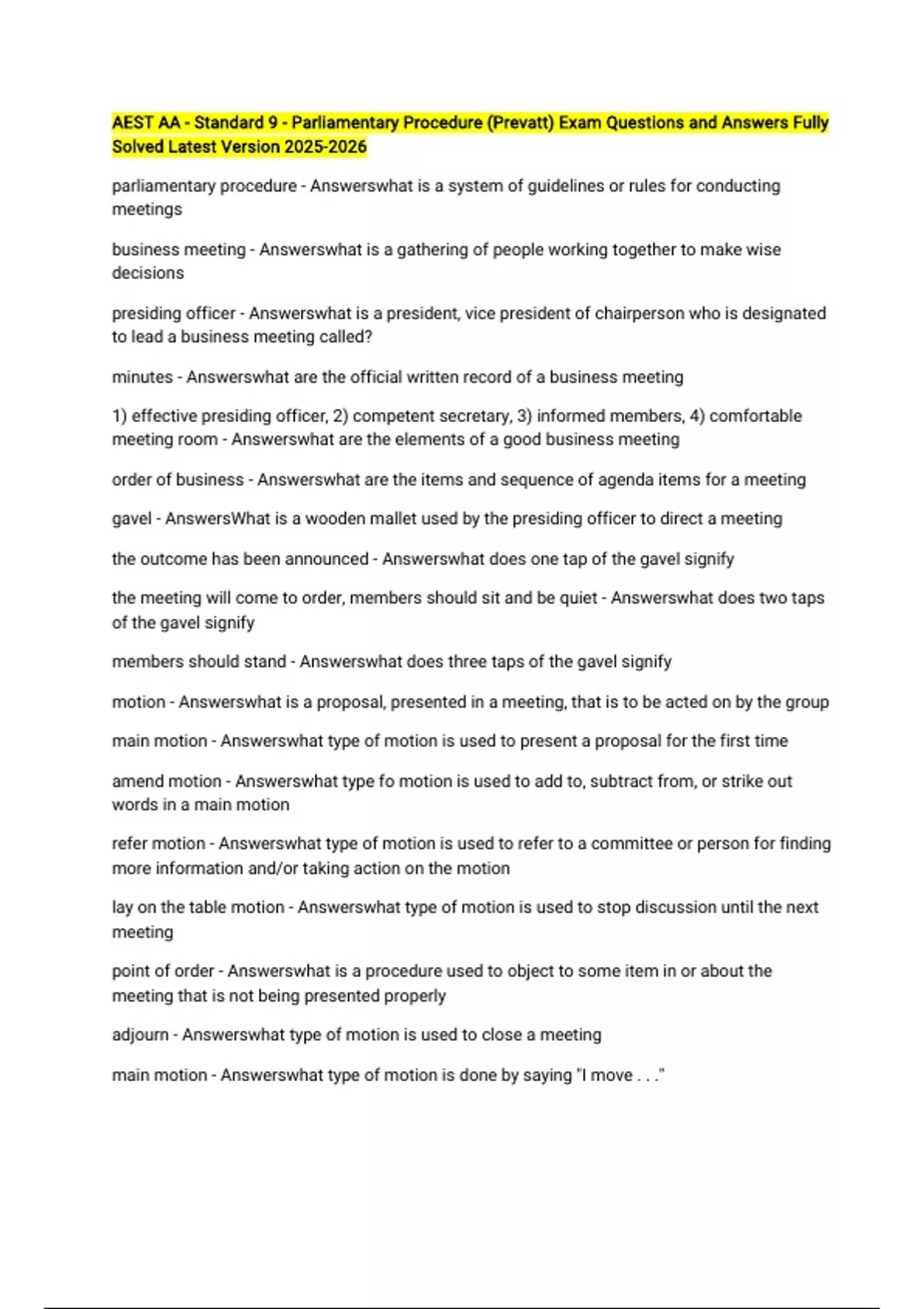 AEST AA - Standard 9 - Parliamentary Procedure (Prevatt) Exam Questions ...