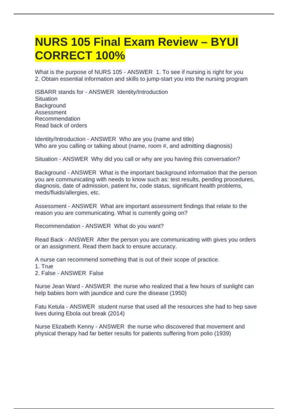 NURS 105 Final Exam Review – BYUI CORRECT 100% - NURS 105 - Stuvia US