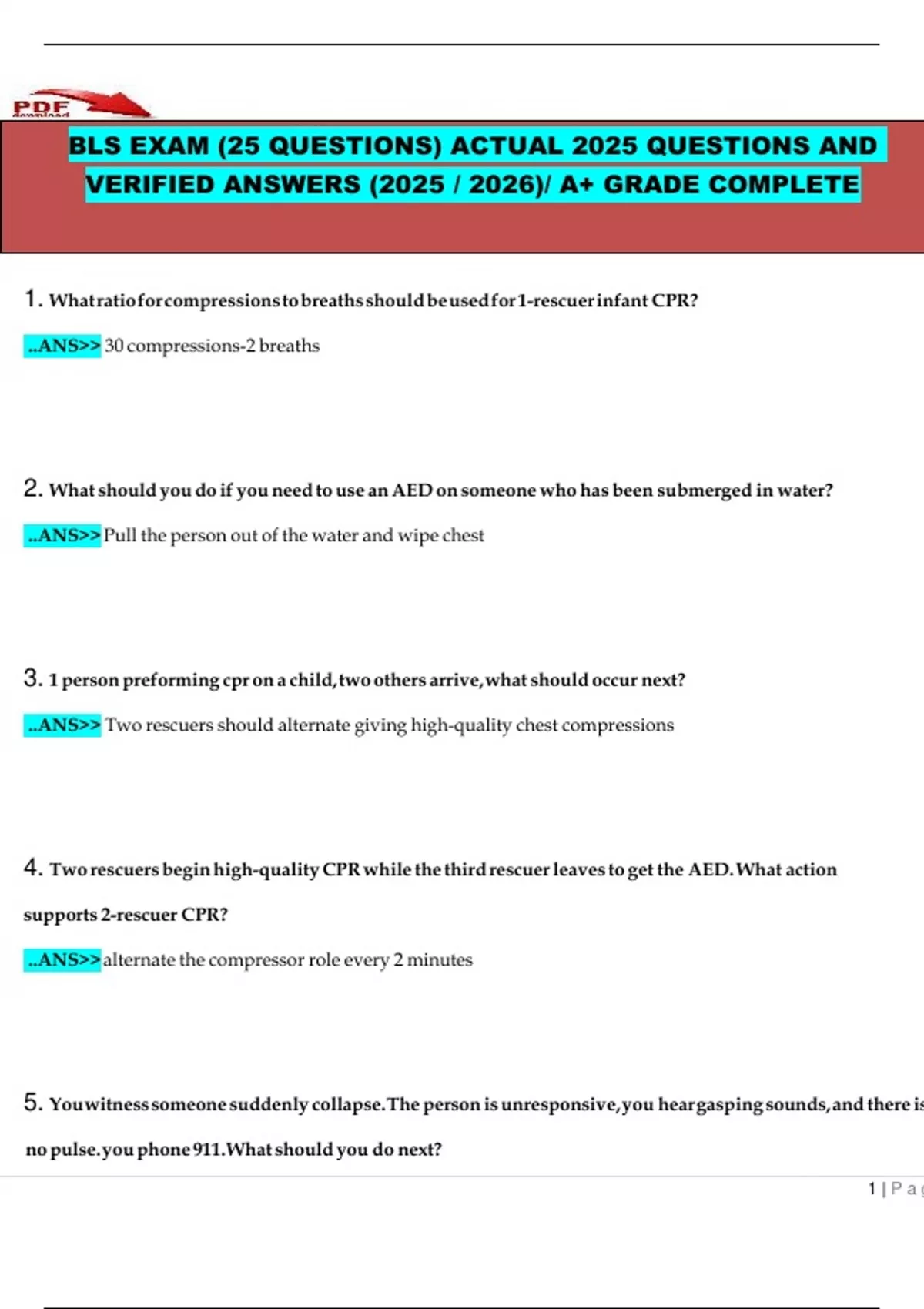 BLS EXAM (25 questions) Actual 2025 Questions and Verified Answers ...