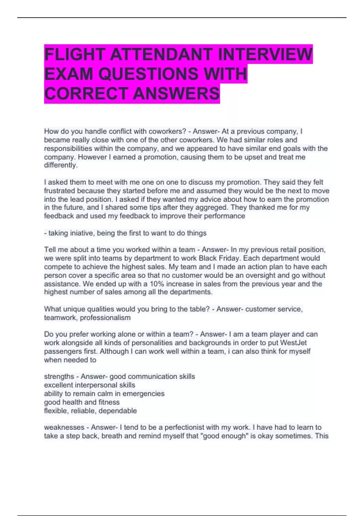 FLIGHT ATTENDANT INTERVIEW EXAM QUESTIONS WITH CORRECT ANSWERS - FLIGHT ATTENDANT INTERVIEW ...