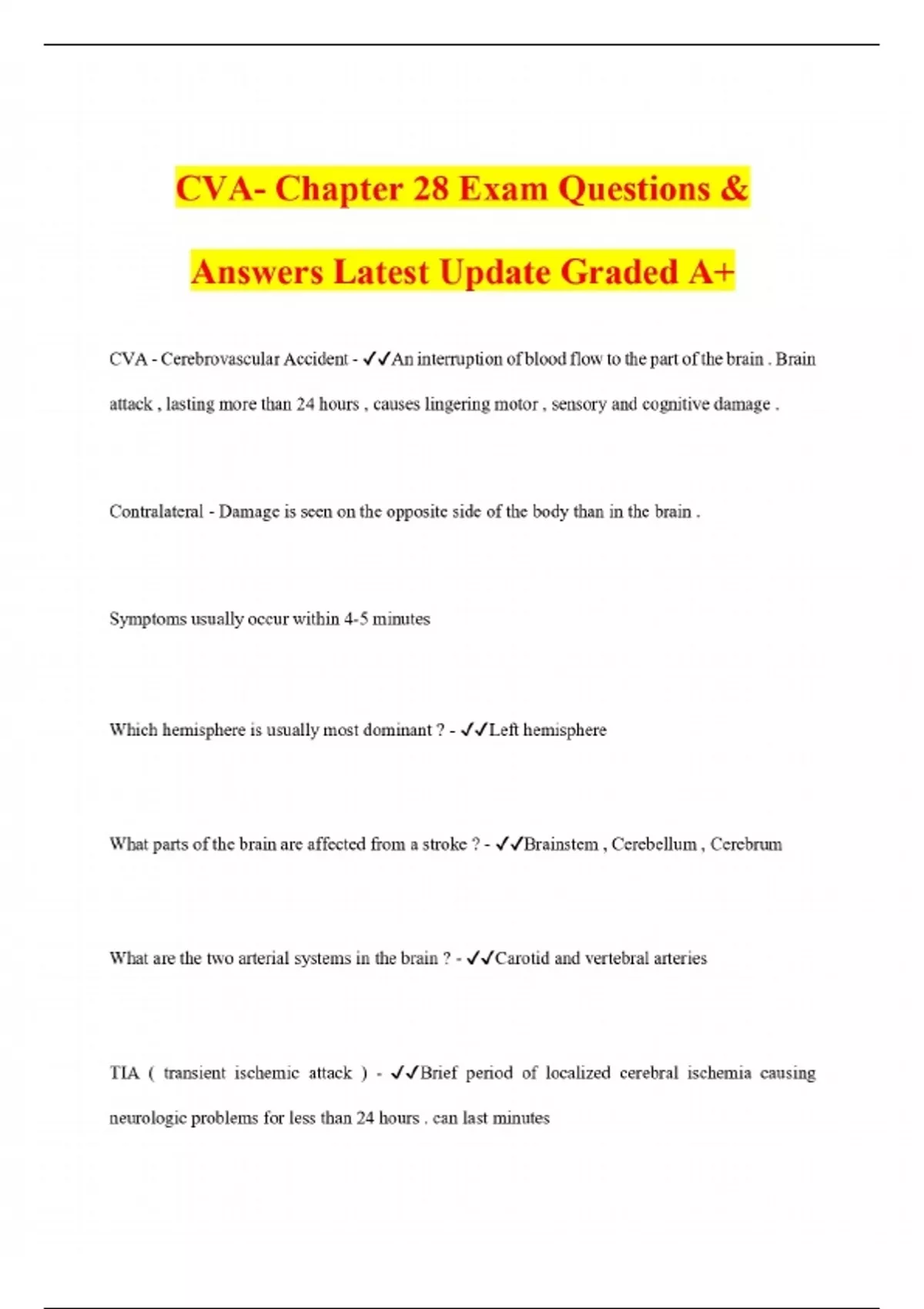 CVA- Chapter 28 Exam Questions &amp; Answers Latest Update Graded A+ CVA - Cerebrovascular Accident ...