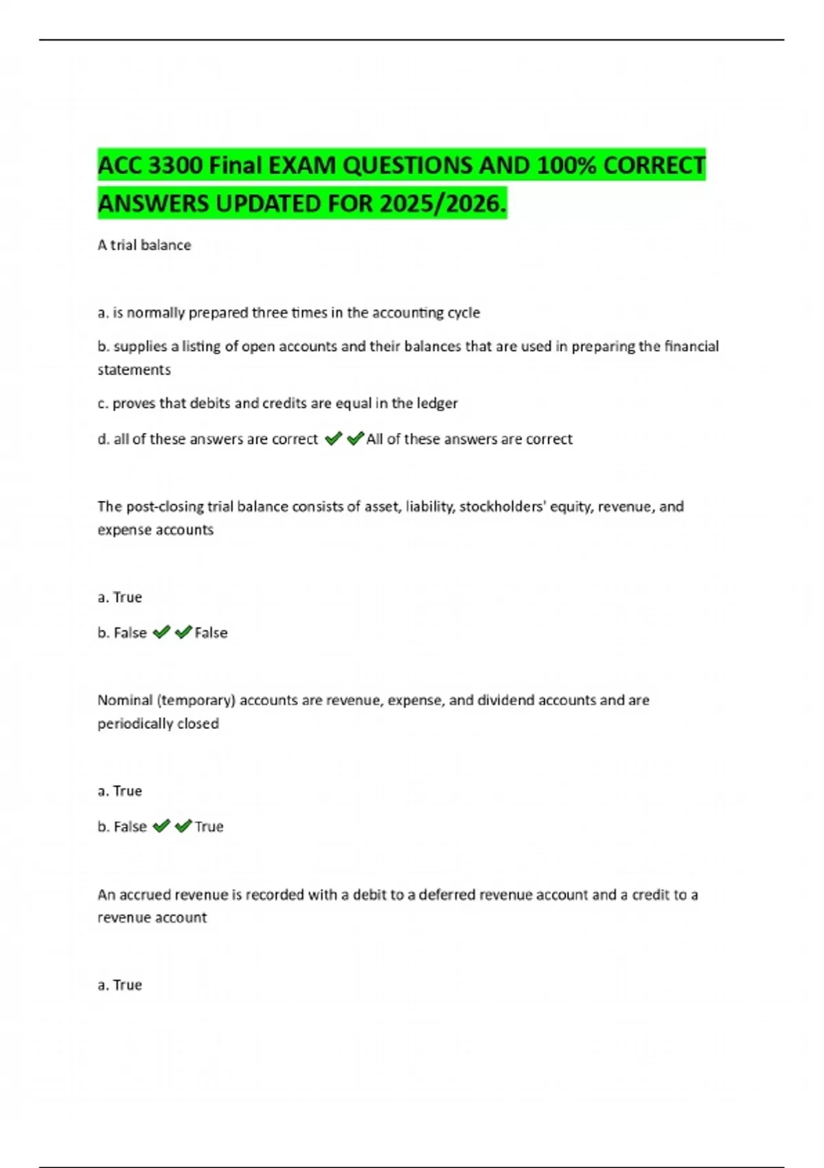 ACC 3300 Final EXAM QUESTIONS AND 100% CORRECT ANSWERS UPDATED FOR 2025 ...