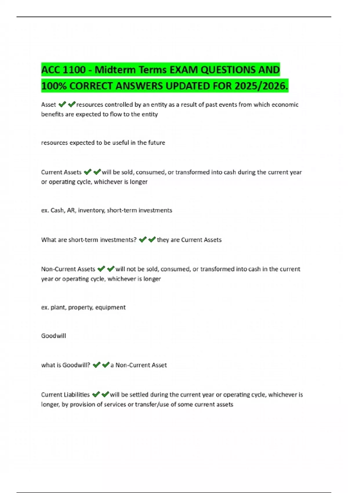 ACC 1100 - Midterm Terms EXAM QUESTIONS AND 100% CORRECT ANSWERS ...