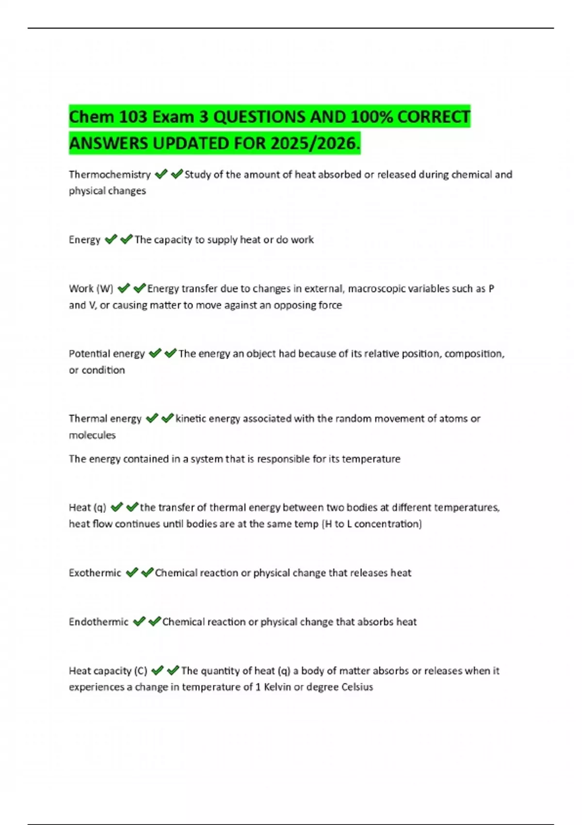 Chem 103 Exam 3 QUESTIONS AND 100% CORRECT ANSWERS UPDATED FOR 2025/ ...