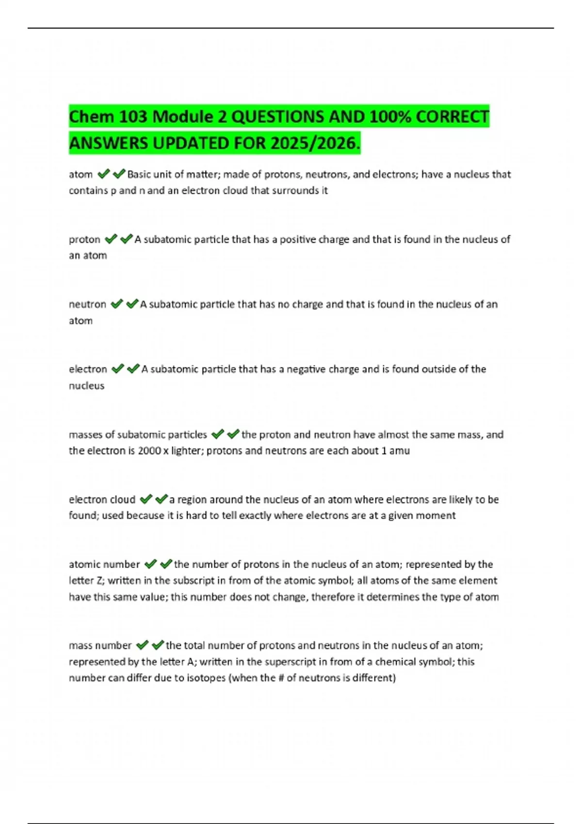 Chem 103 Module 2 QUESTIONS AND 100% CORRECT ANSWERS UPDATED FOR 2025/ ...
