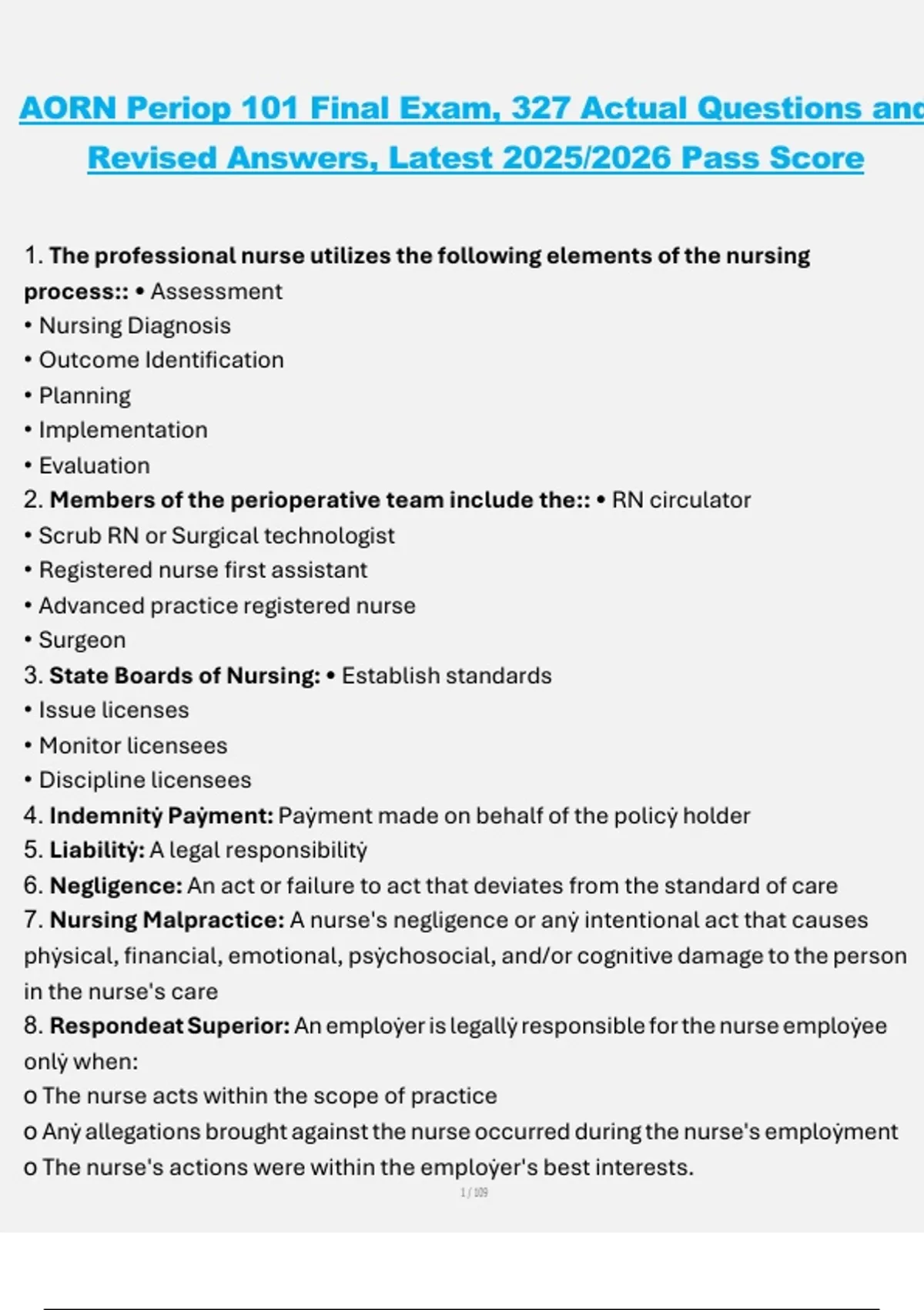 AORN Periop 101 Final Exam – 327 Actual Questions and Revised Answers ...