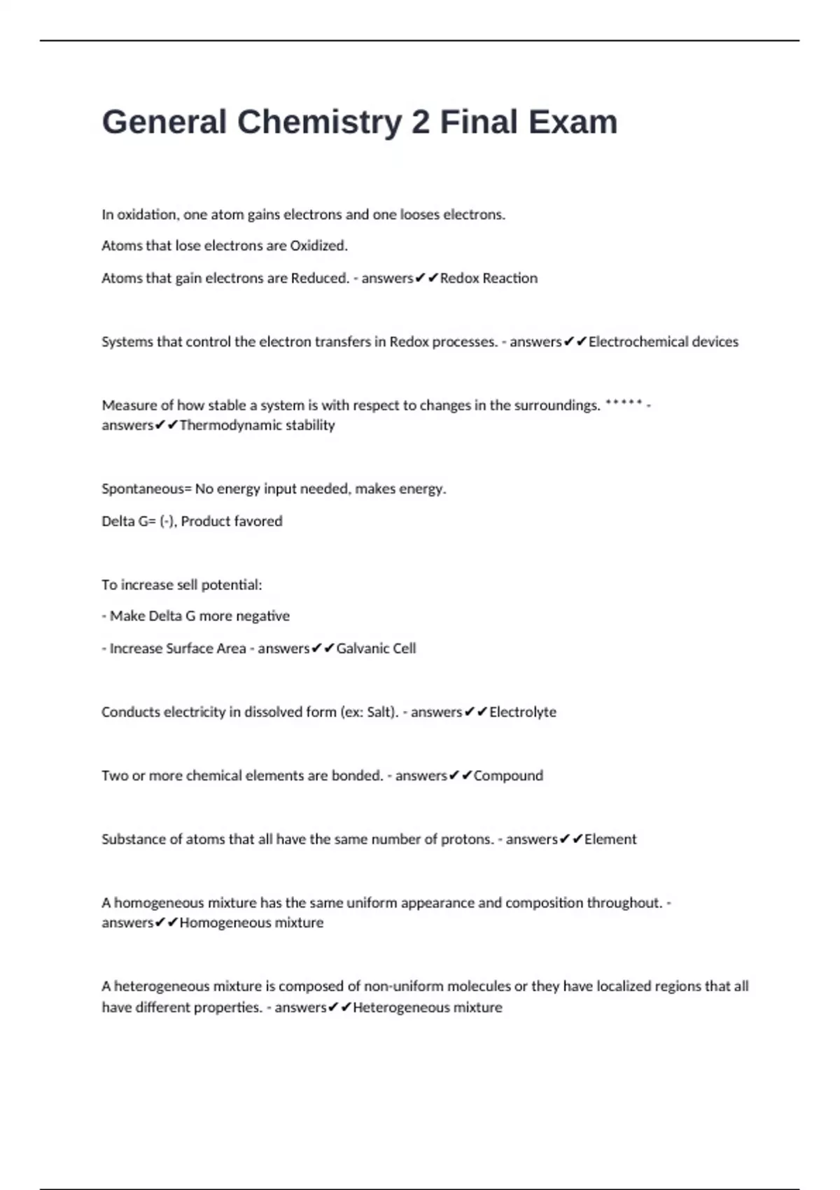 General Chemistry 2 Final Exam questions and answers - General Chemistry - Stuvia US