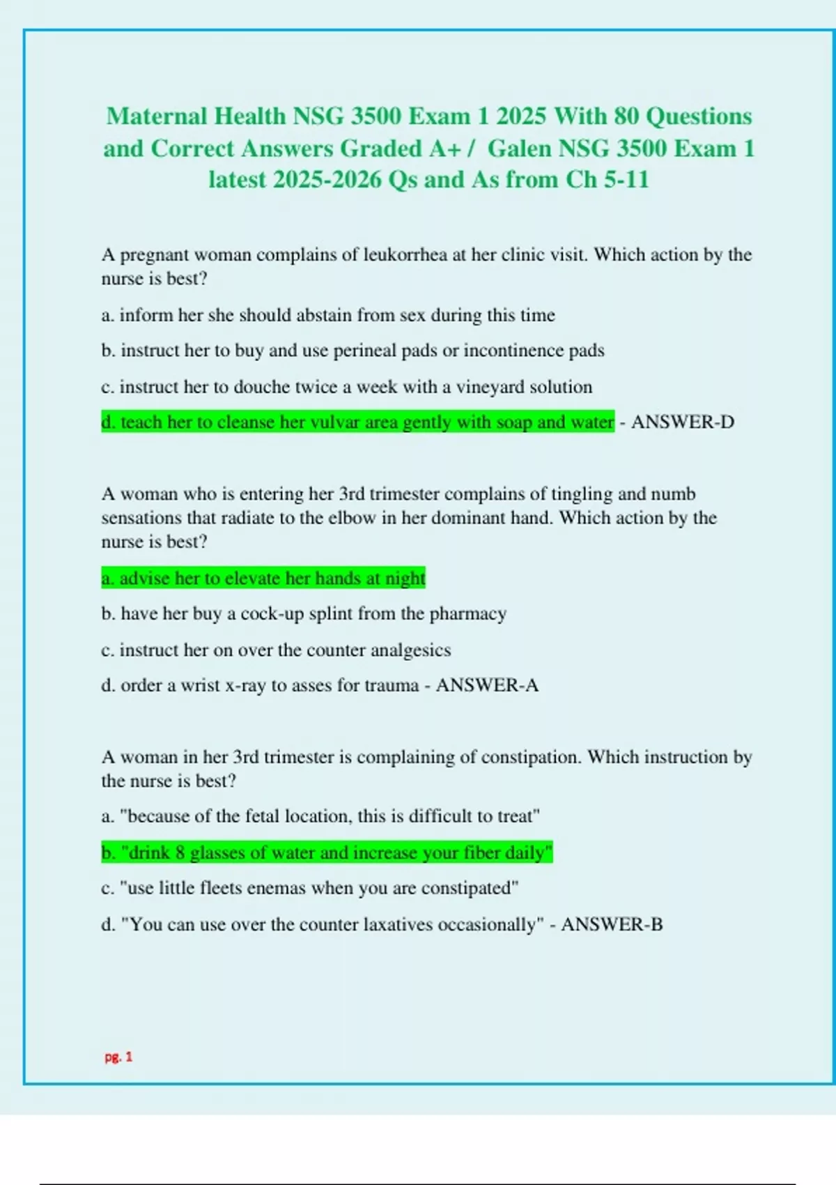 Maternal Health NSG 3500 Exam 1 2025 With 80 Questions and Correct ...
