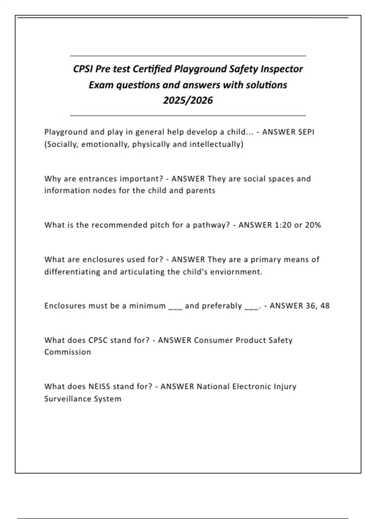 CPSI Pre test Certified Playground Safety Inspector Exam questions and ...