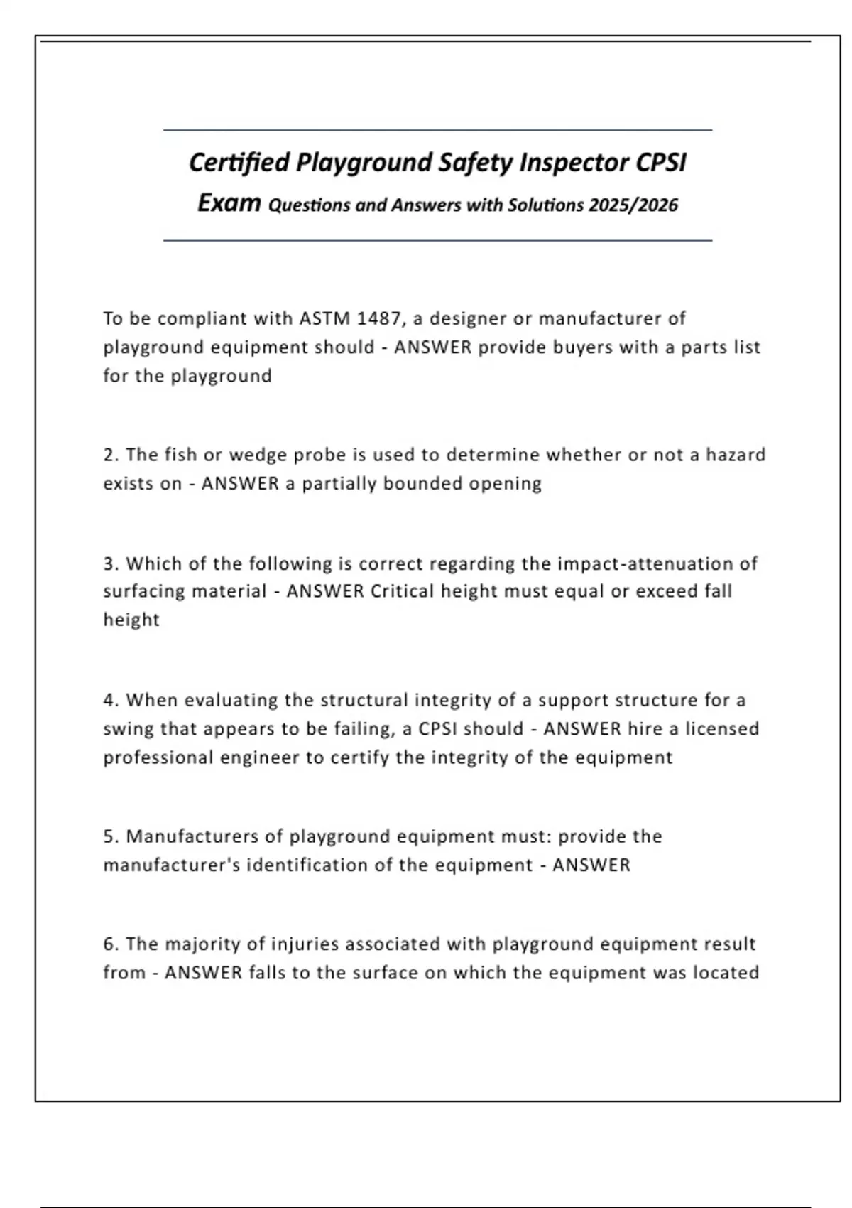 Certified Playground Safety Inspector CPSI Exam Questions and Answers ...