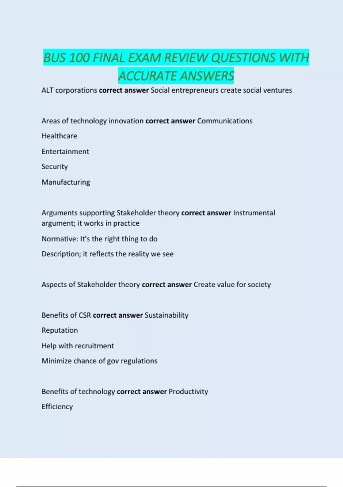 BUS 100 FINAL EXAM REVIEW QUESTIONS WITH ACCURATE ANSWERS - Bus - Stuvia US