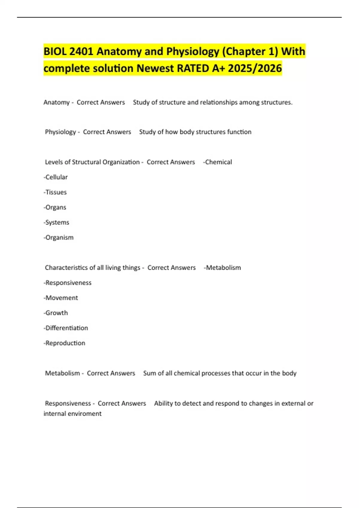 BIOL 2401 Anatomy and Physiology (Chapter 1) With complete solution ...