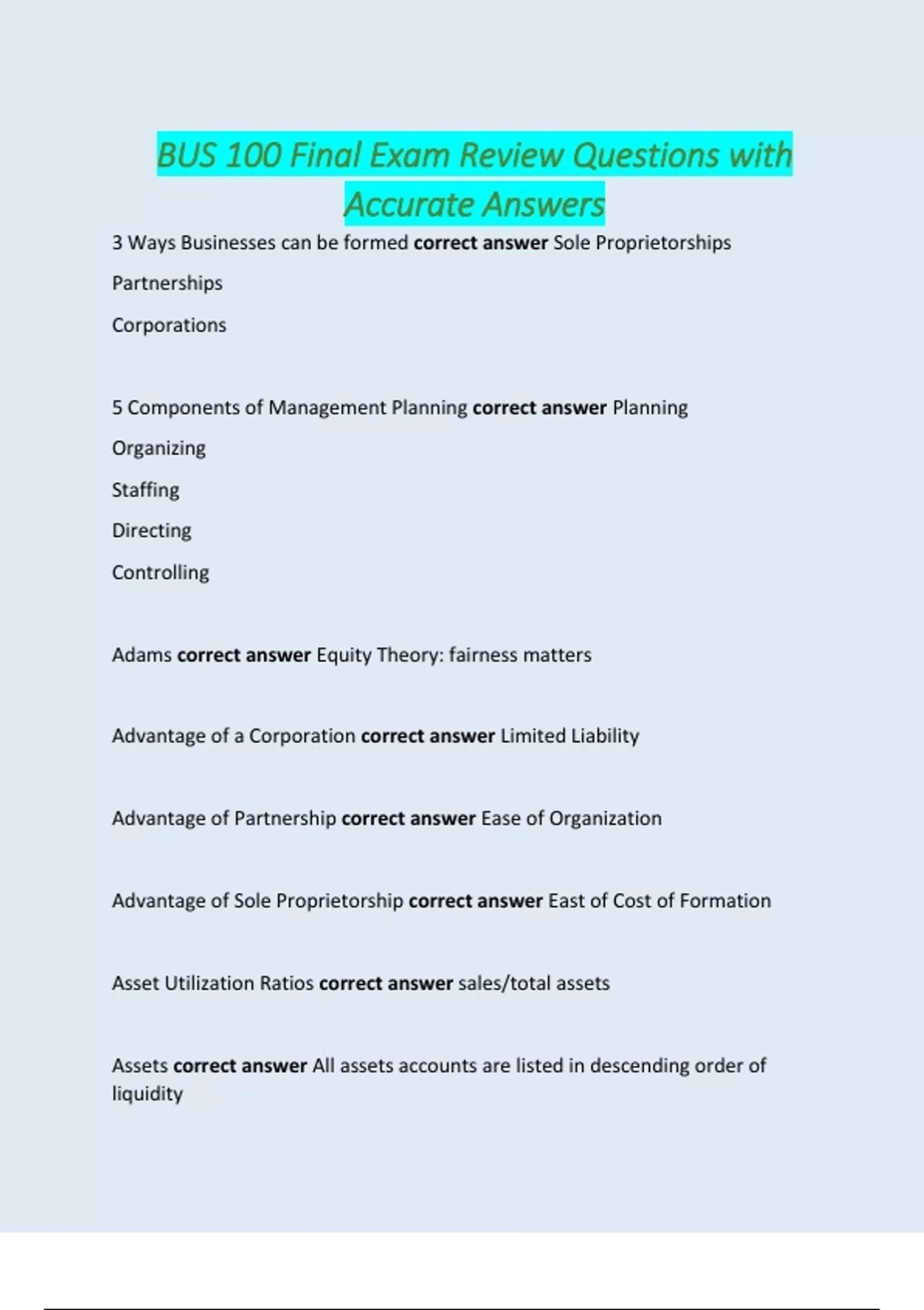 BUS 100 Final Exam Review Questions with Accurate Answers - Bus - Stuvia US