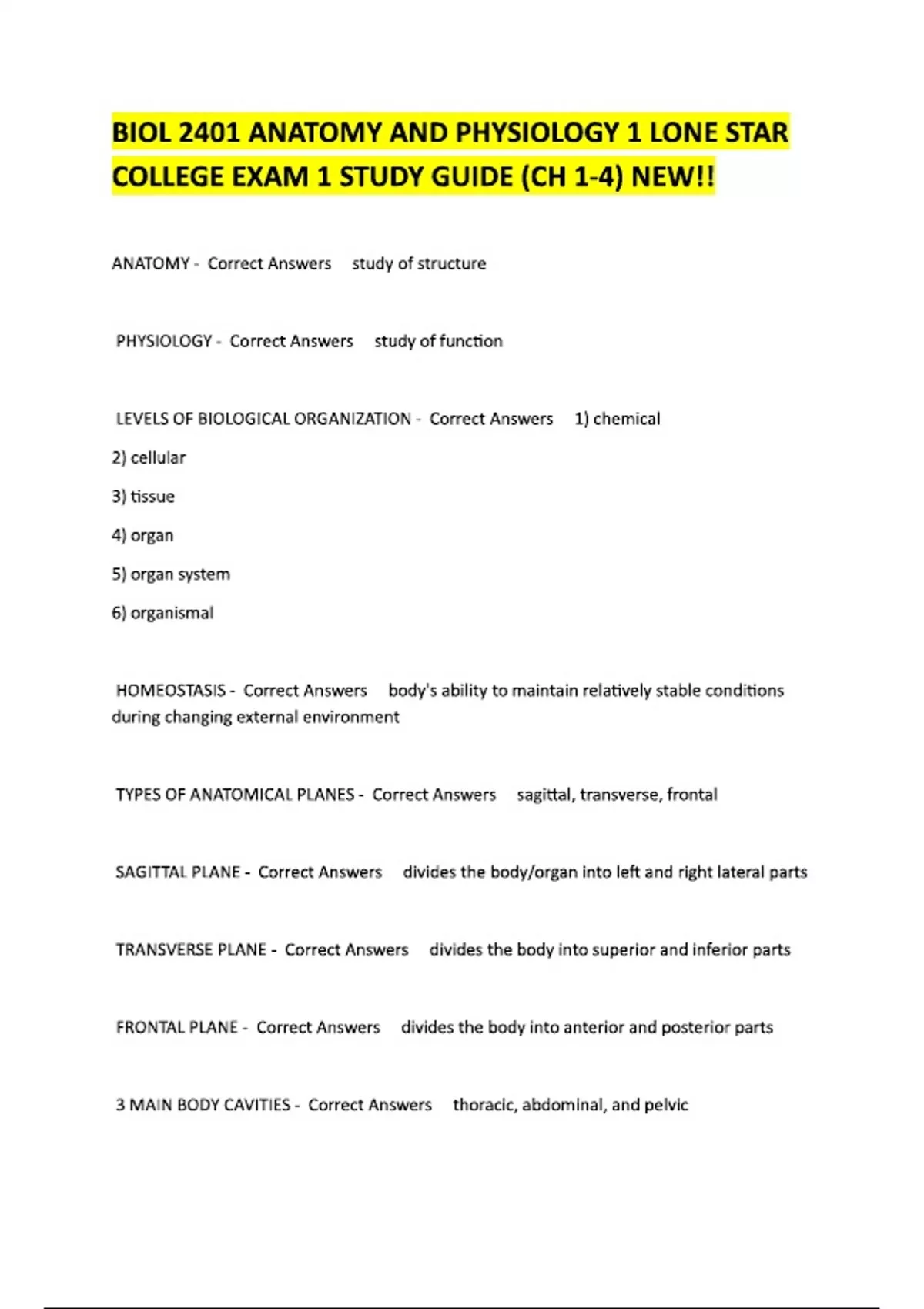 BIOL 2401 ANATOMY AND PHYSIOLOGY 1 LONE STAR COLLEGE EXAM 1 STUDY GUIDE ...
