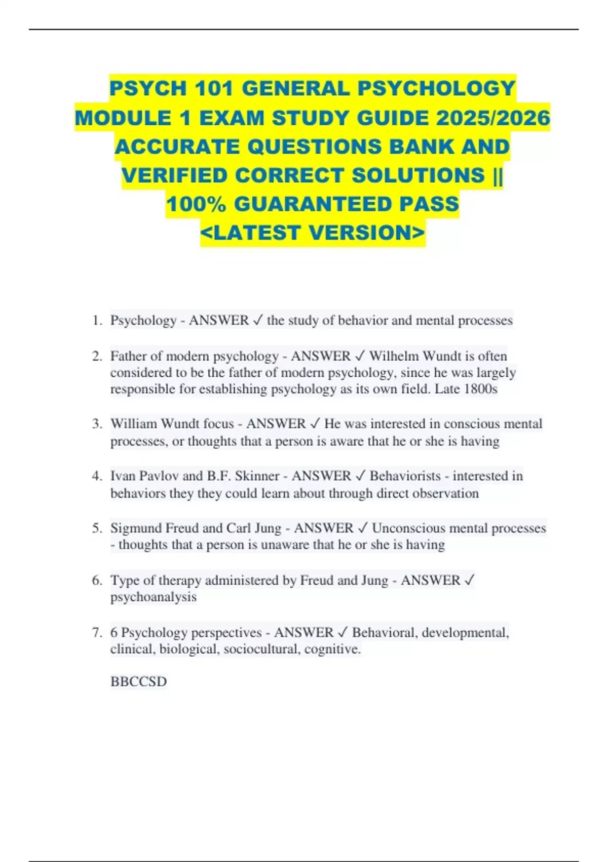 PSYCH 101 GENERAL PSYCHOLOGY MODULE 1 EXAM STUDY GUIDE 2025/2026 ...