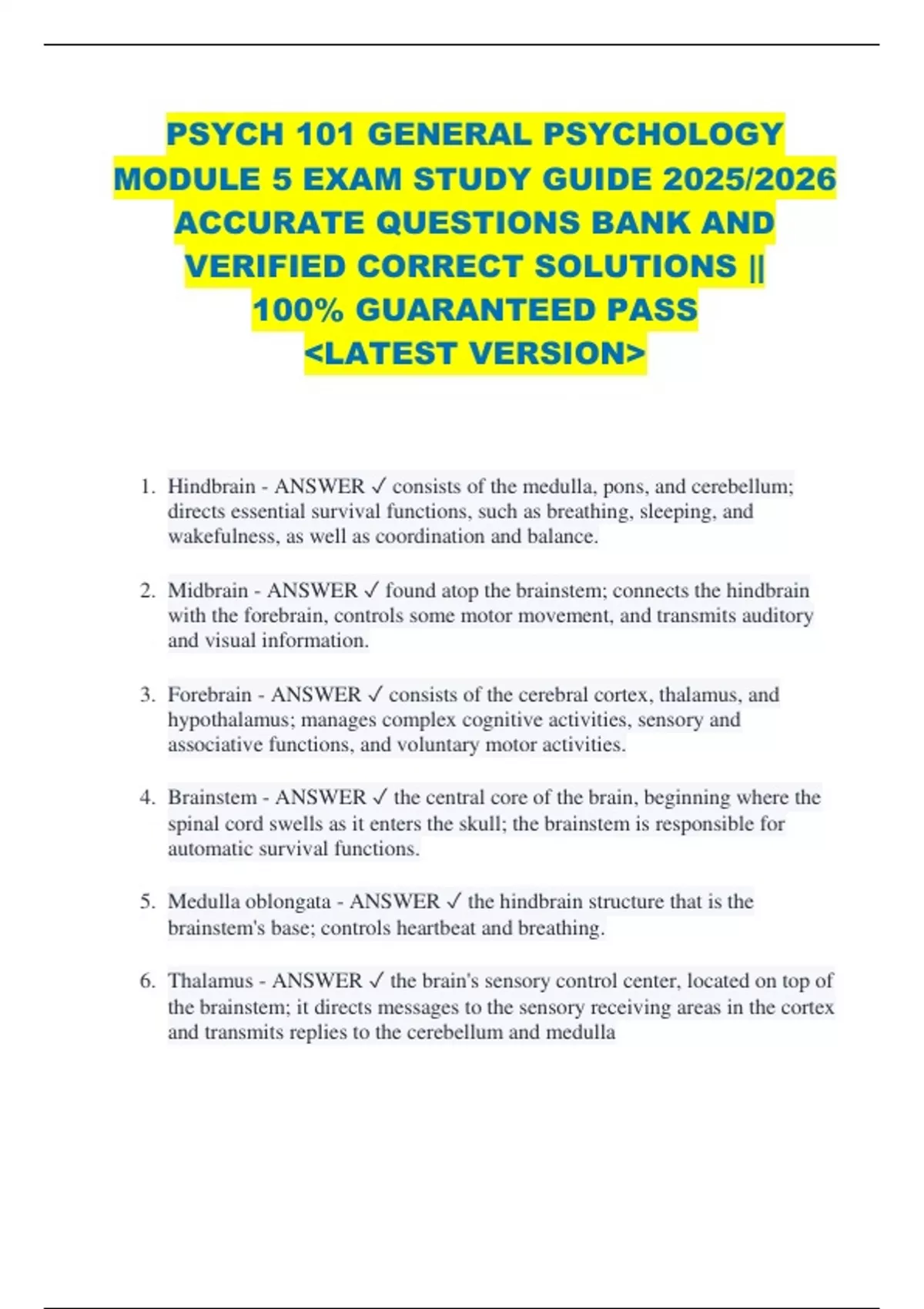 PSYCH 101 GENERAL PSYCHOLOGY MODULE 5 EXAM STUDY GUIDE 2025/2026 ...