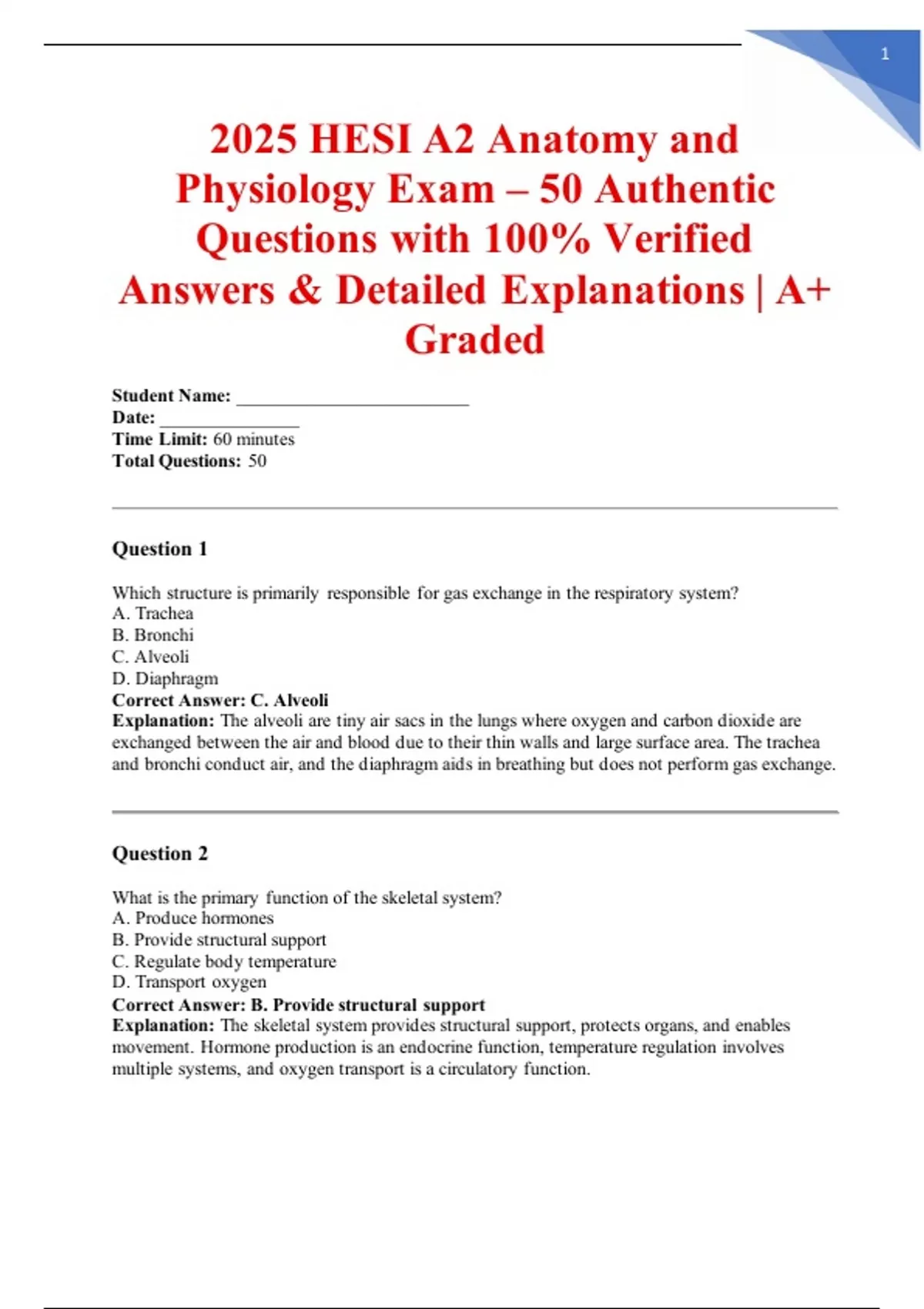 2025 HESI A2 Anatomy and Physiology Exam - 50 Authentic Questions with ...