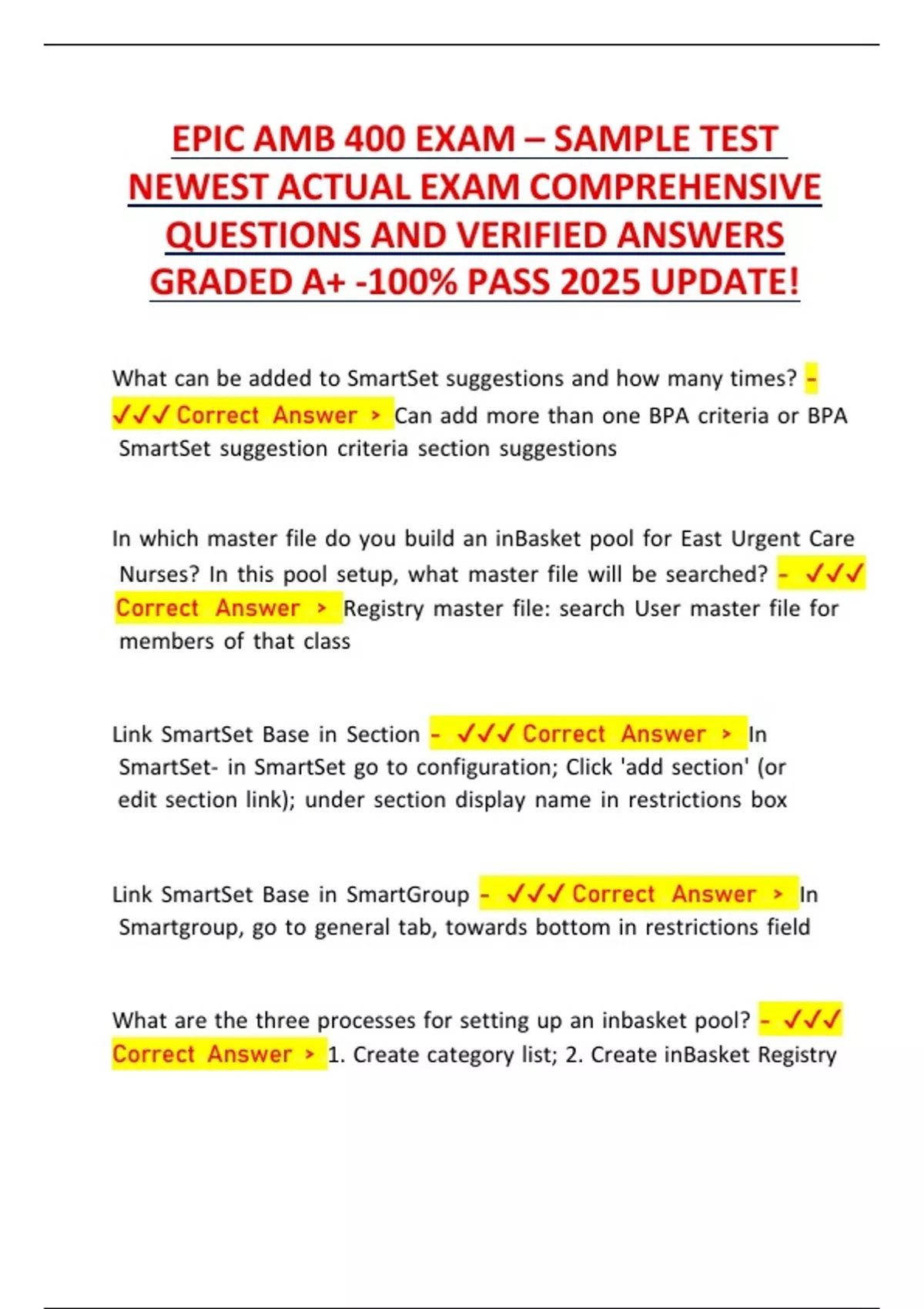 Amb Samples EPIC AMB 400 EXAM – SAMPLE TEST NEWEST ACTUAL EXAM COMPREHENSIVE ...
