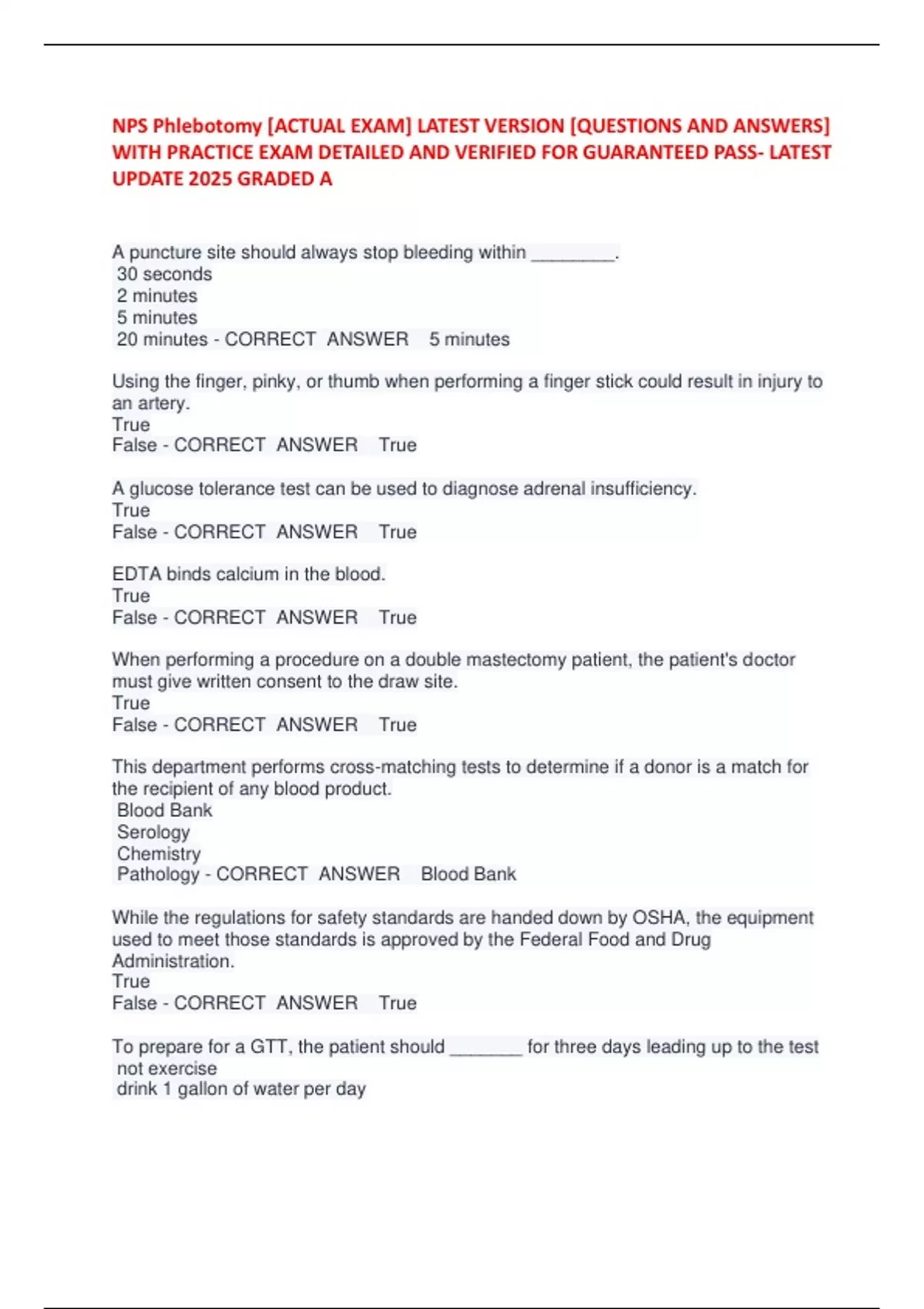 NPS Phlebotomy [ACTUAL EXAM] LATEST VERSION [QUESTIONS AND ANSWERS ...