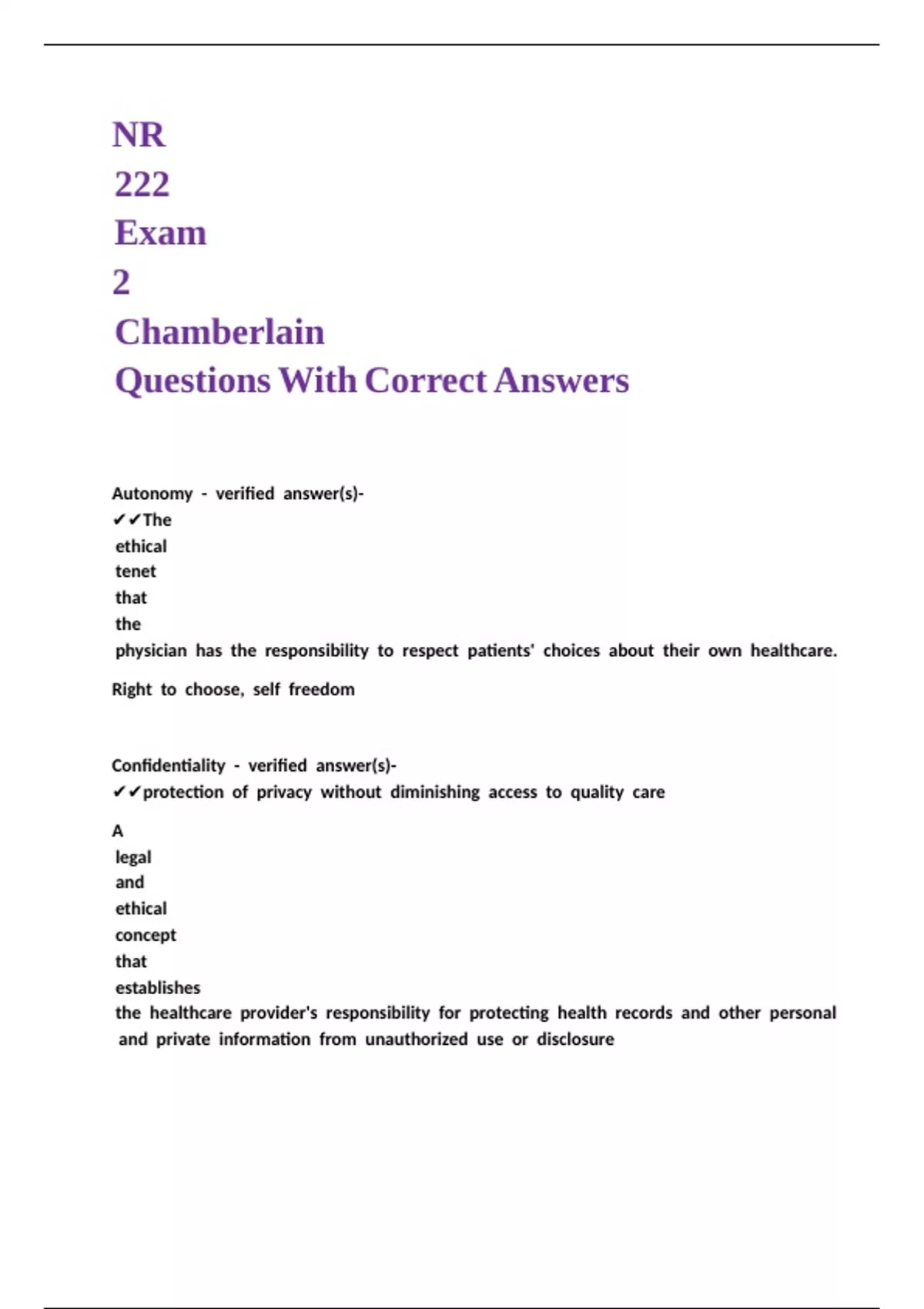 NR 222 Exam 2 Chamberlain Questions With Correct Answers - NR 222 ...