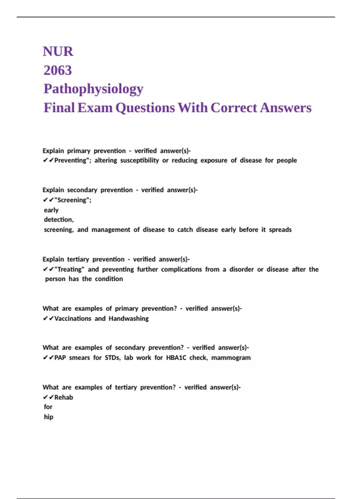 NUR 2063 Pathophysiology Final Exam Questions With Correct Answers ...