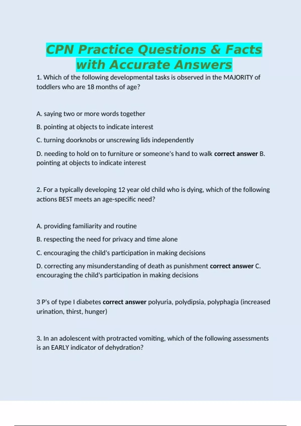 CPN Practice Questions & Facts with Accurate Answers - CPN - Stuvia US