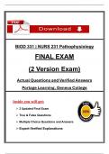 Portage Learning BIOD 331 &vert; NURS 231 Pathophysiology Final Exam &lpar;2 Versions&rpar; &ndash; Verified Questions & Answers &vert; 100&percnt; Pass Guarantee