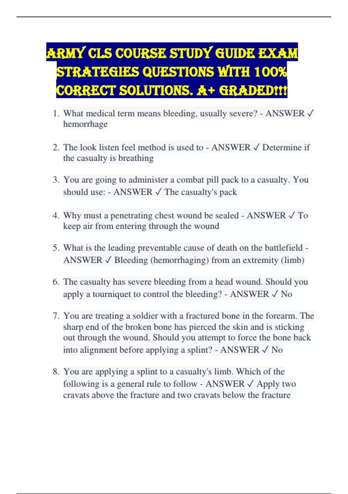 Army CLS Course Study Guide Exam Strategies Questions with 100% Correct ...