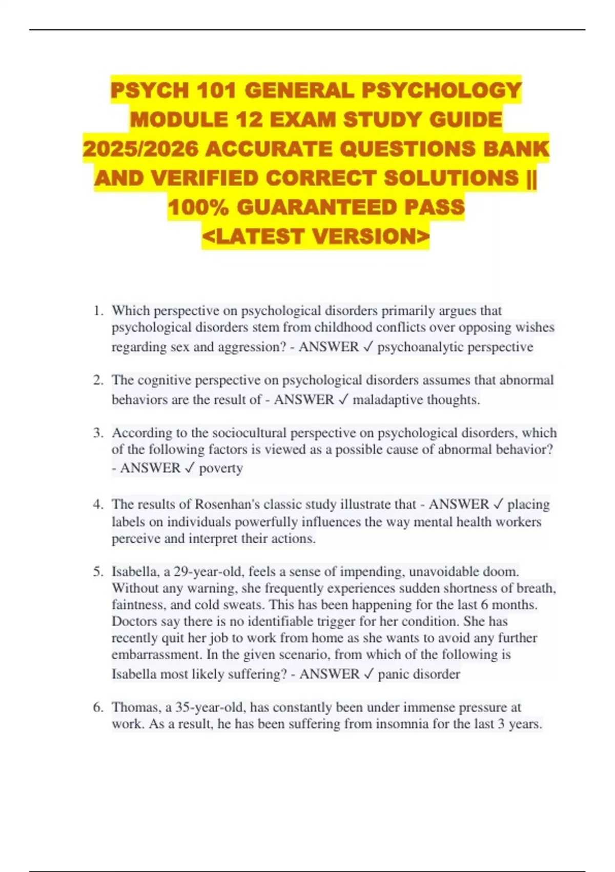PSYCH 101 GENERAL PSYCHOLOGY MODULE 12 EXAM STUDY GUIDE 2025/2026 ...