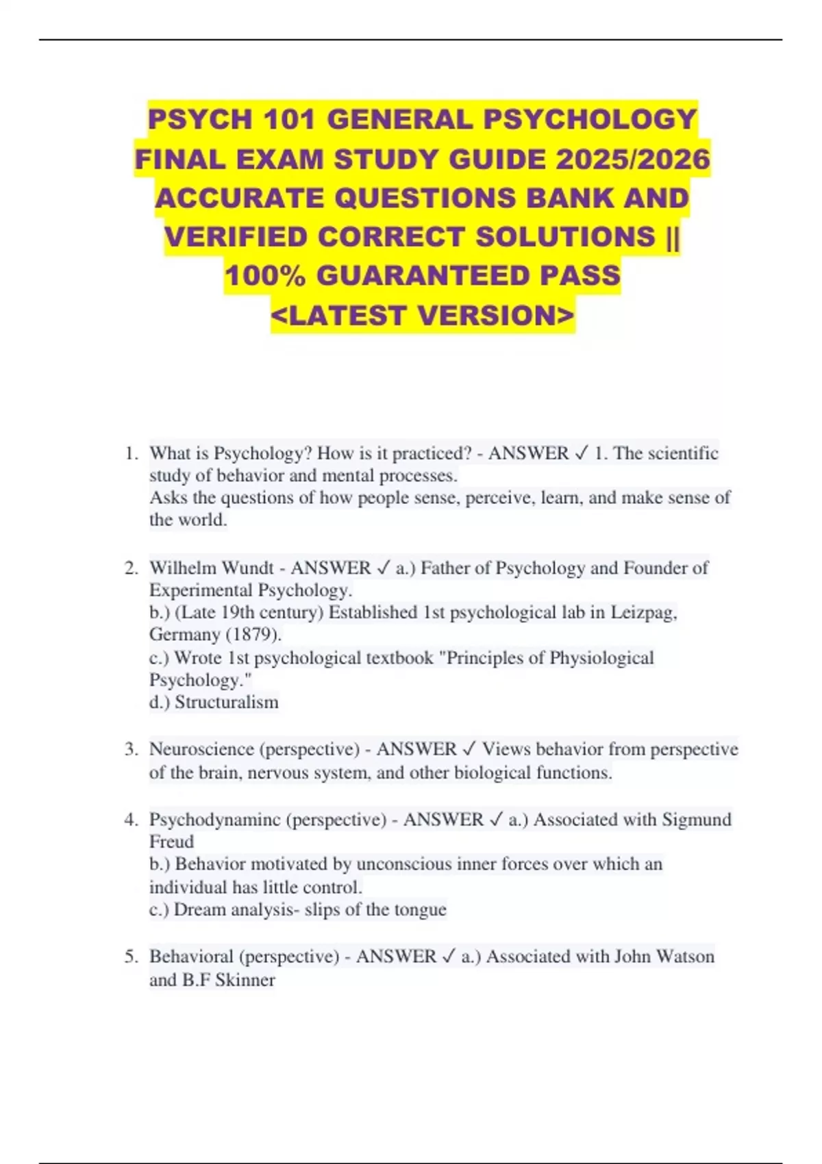 PSYCH 101 GENERAL PSYCHOLOGY FINAL EXAM STUDY GUIDE 2025/2026 ACCURATE ...
