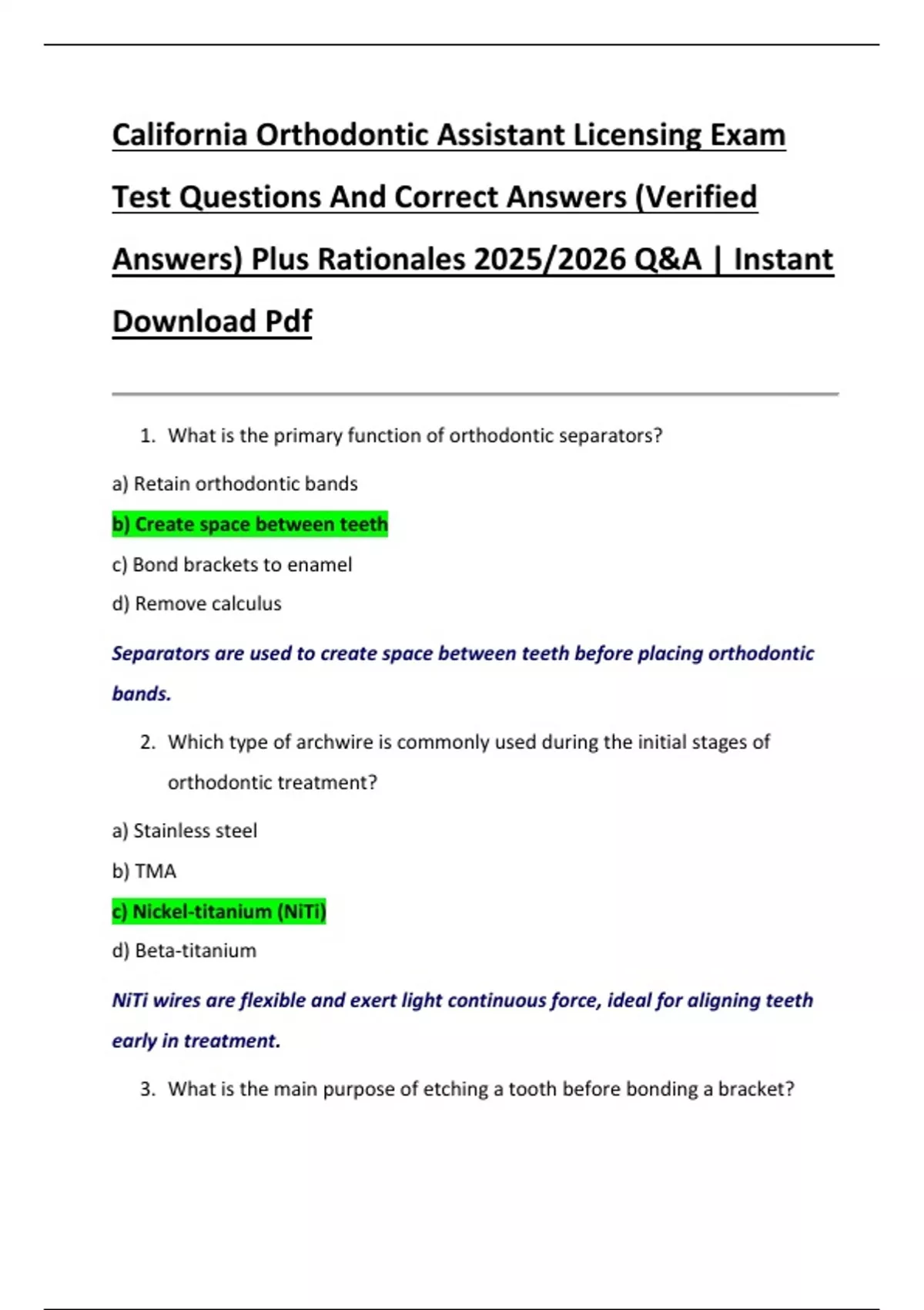California Orthodontic Assistant Licensing Exam Test Questions And Correct Answers (Verified ...