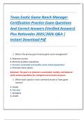Texas Exotic Game Ranch Manager  Certification Practice Exam Questions  And Correct Answers &lpar;Verified Answers&rpar;  Plus Rationales 2025&vert;2026 Q&A &vert;  Instant Download Pdf
