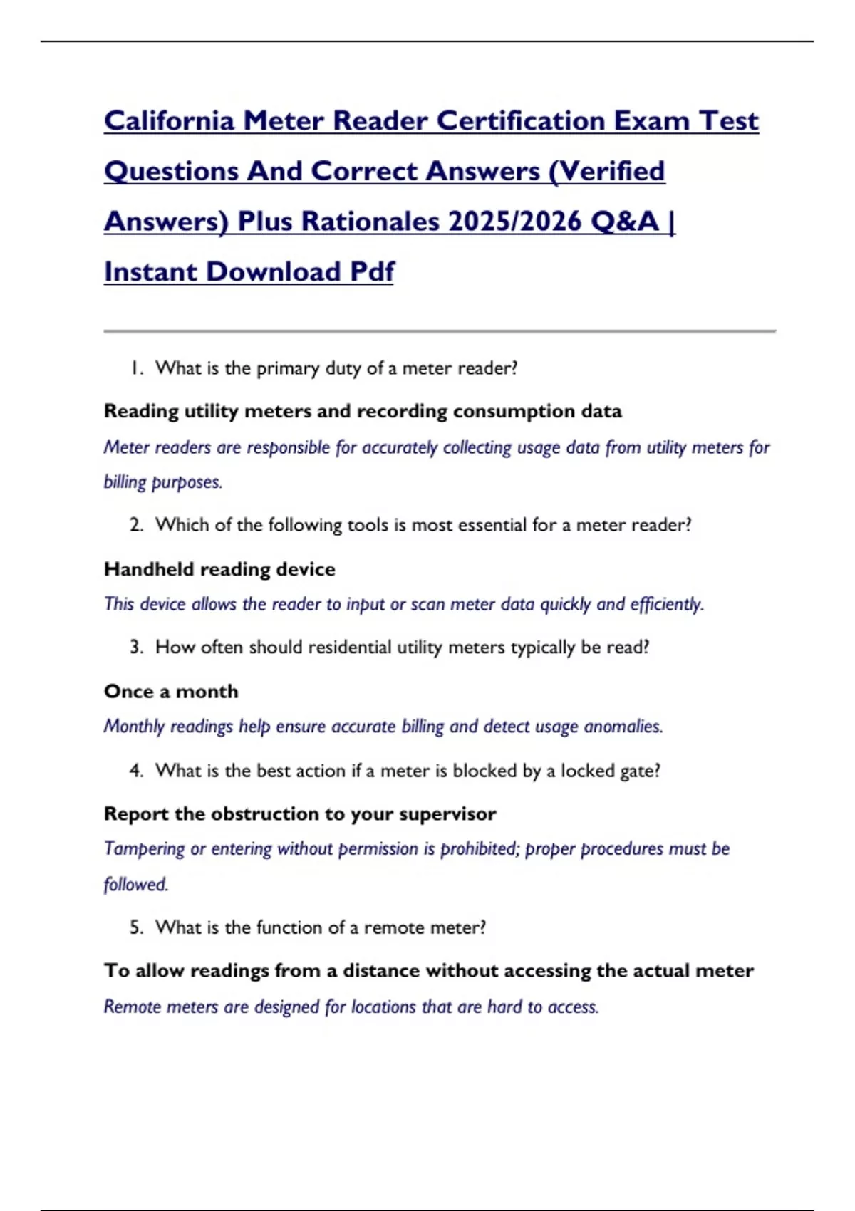 California Meter Reader Certification Exam Test Questions And Correct ...