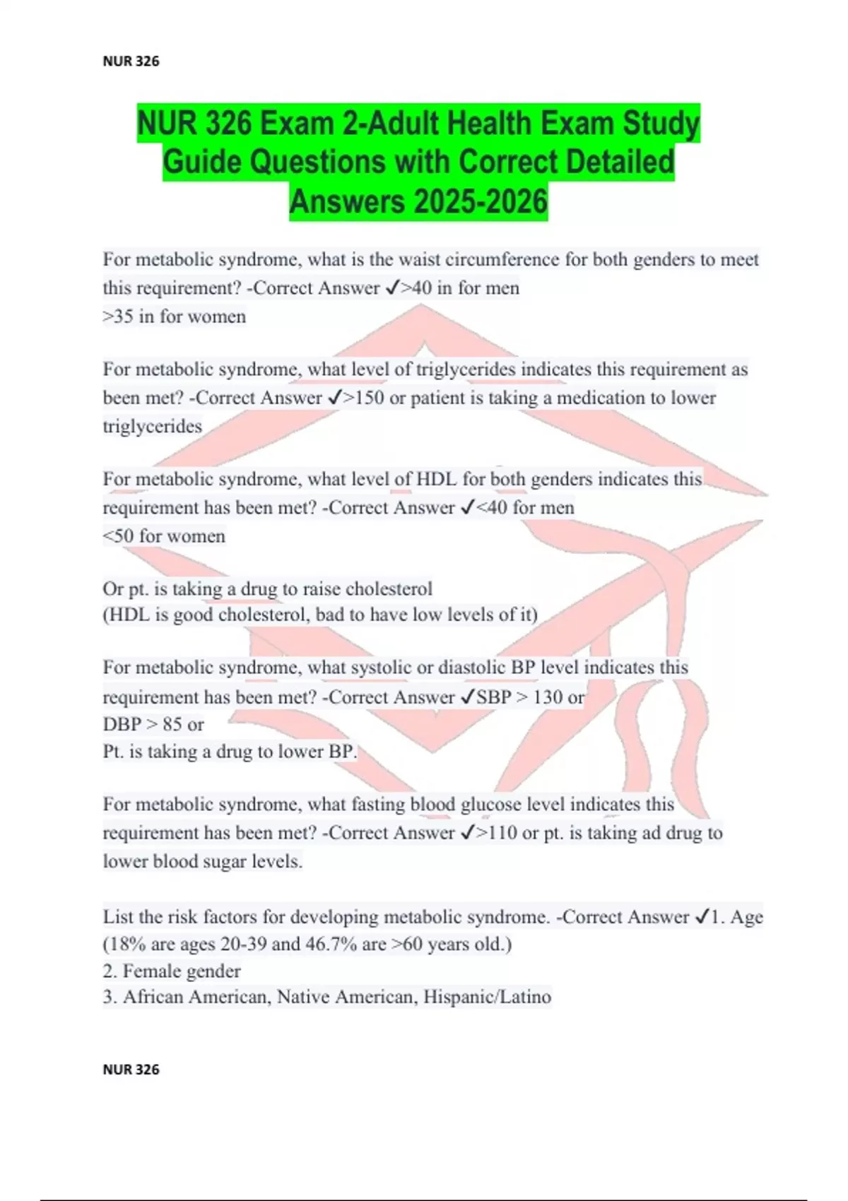NUR 326 Exam 2-Adult Health Exam Study Guide Questions with Correct ...