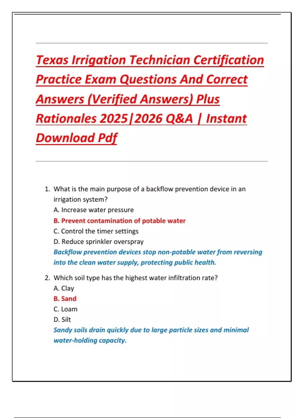 Texas Irrigation Technician Certification Practice Exam Questions And Correct Answers (Verified ...