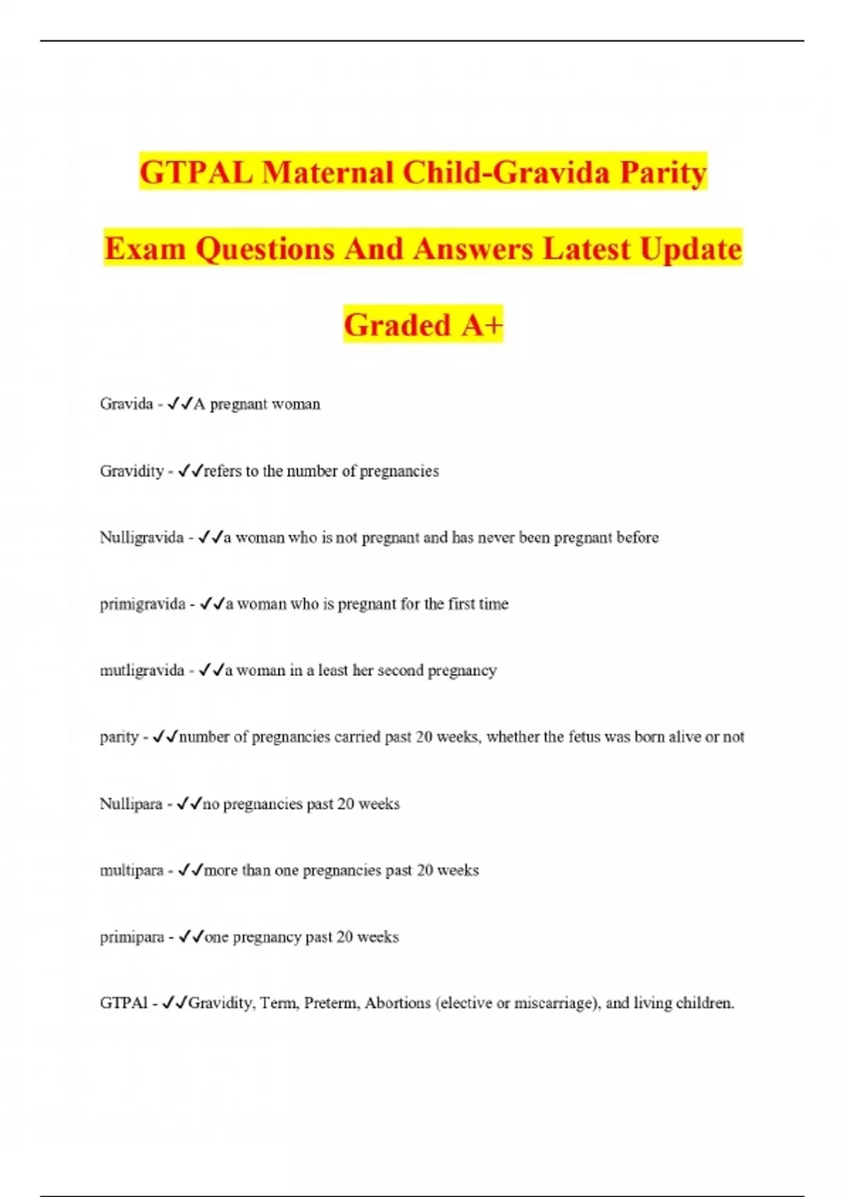Gtpal Examples GTPAL Maternal Child-Gravida Parity Exam Questions And Answers Latest ...