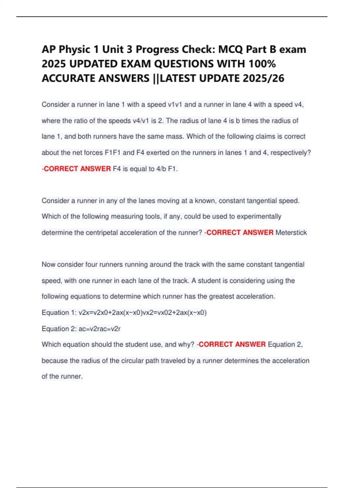 AP Physic 1 Unit 3 Progress Check: MCQ Part B exam 2025 UPDATED EXAM ...
