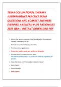 TEXAS OCCUPATIONAL THERAPY  JURISPRUDENCE PRACTICE EXAM  QUESTIONS AND CORRECT ANSWERS  &lpar;VERIFIED ANSWERS&rpar; PLUS RATIONALES  2025 Q&A &vert; INSTANT DOWNLOAD PDF 