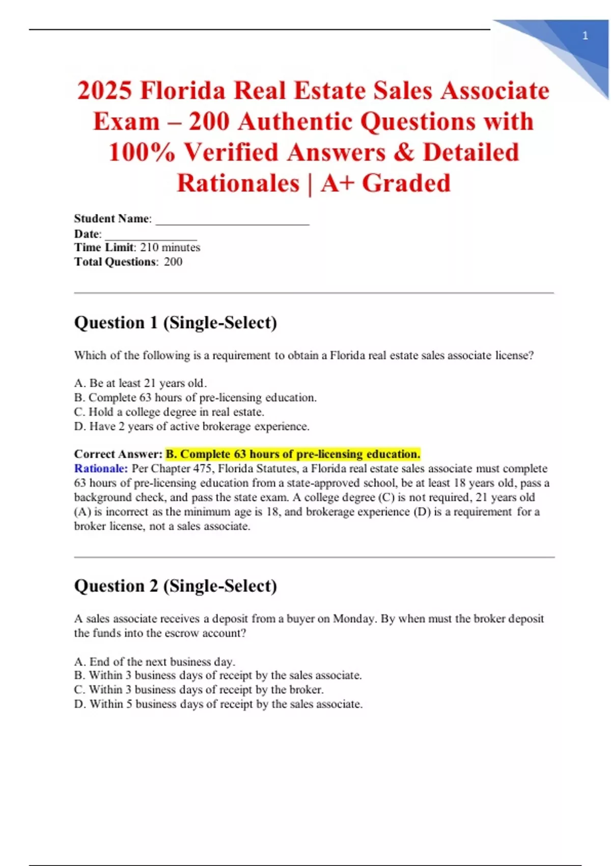 2025 Florida Real Estate Sales Associate Exam – 200 Authentic Questions ...