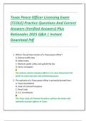 Texas Peace Officer Licensing Exam  &lpar;TCOLE&rpar; Practice Questions And Correct  Answers &lpar;Verified Answers&rpar; Plus  Rationales 2025 Q&A &vert; Instant  Download Pdf 