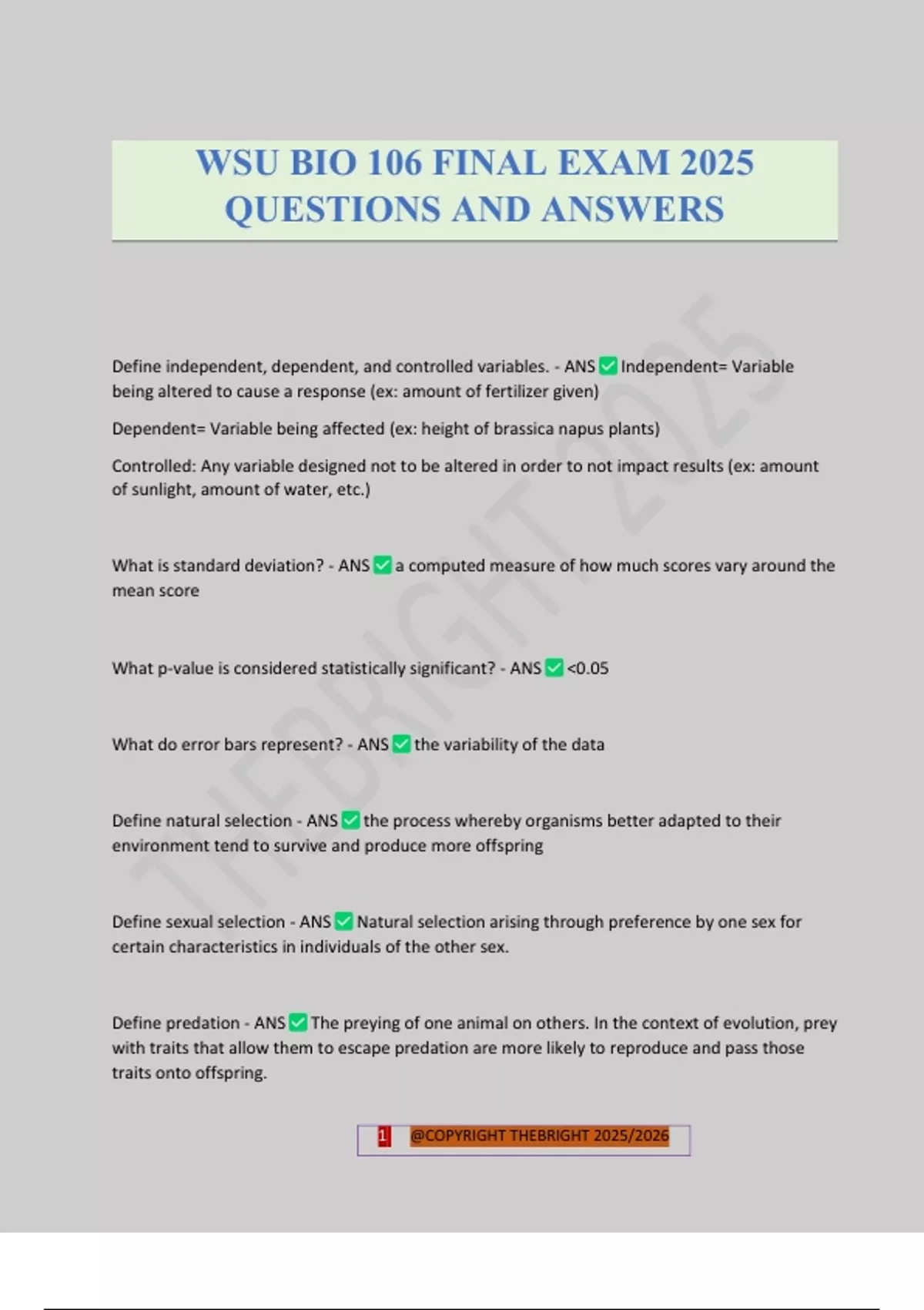WSU BIO 106 FINAL EXAM 2025 QUESTIONS AND ANSWERS - BIO 106 - Stuvia US