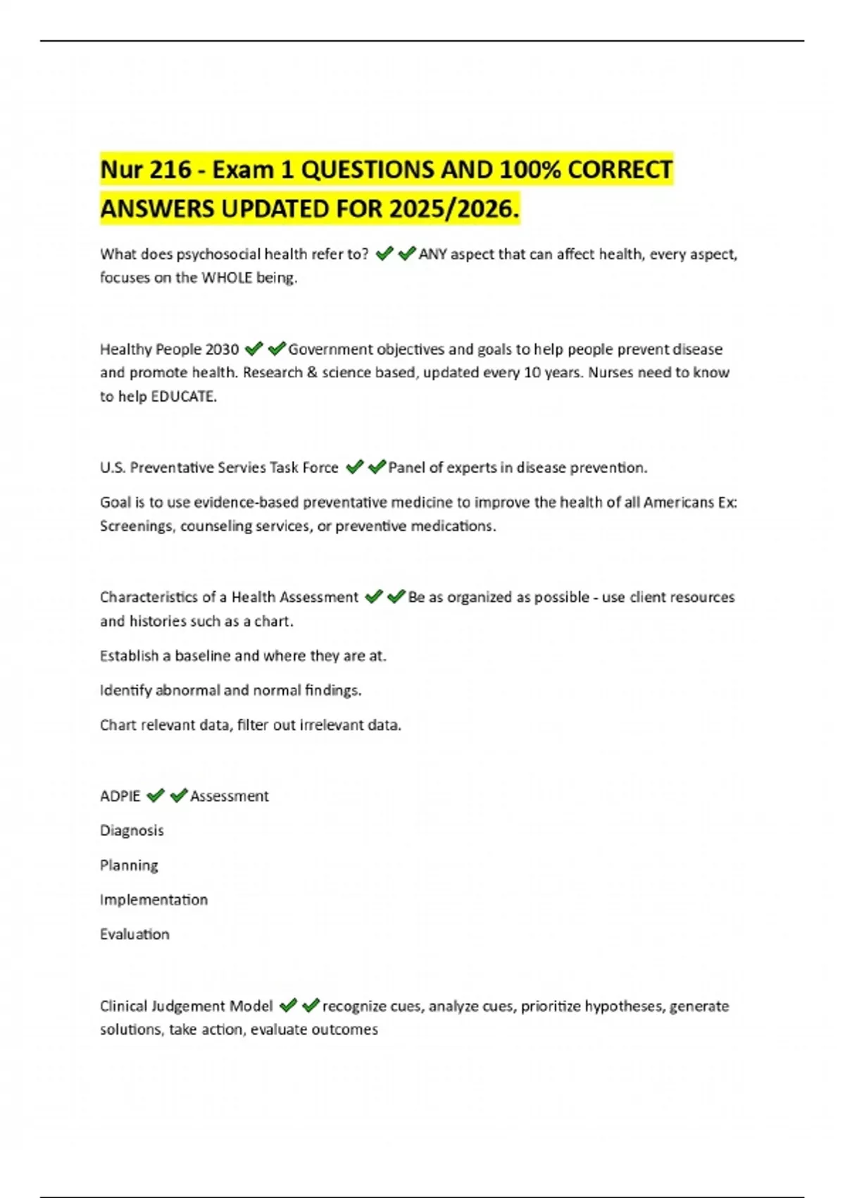 Nur 216 - Exam 1 QUESTIONS AND 100% CORRECT ANSWERS UPDATED FOR 2025/ ...