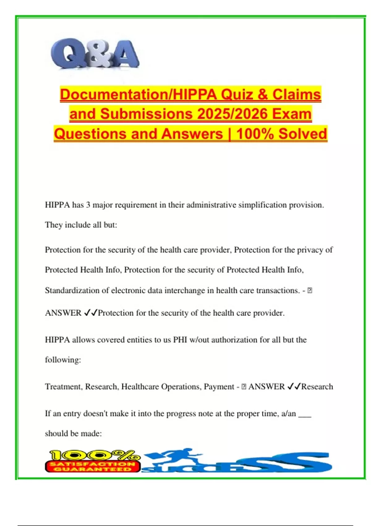 Documentation & HIPAA Quiz with Claims and Submissions Exam Prep 2025/ ...