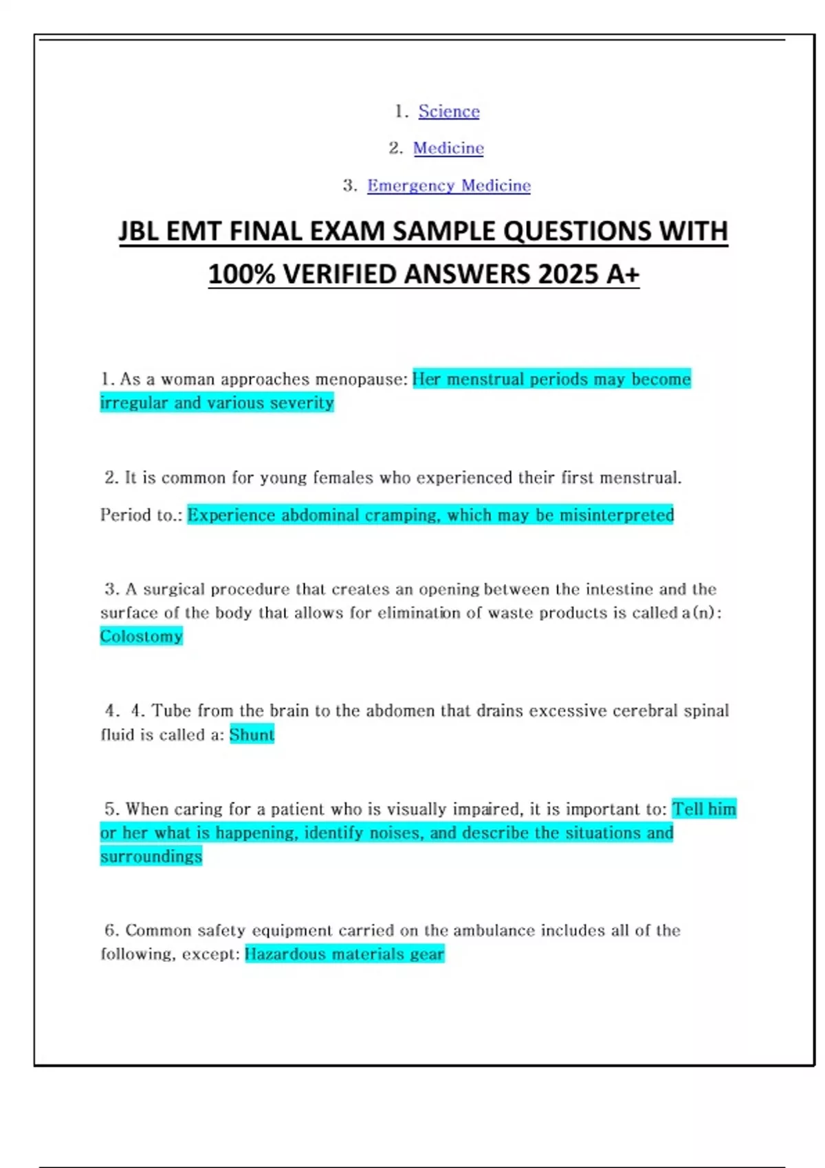 JBL EMT FINAL EXAM SAMPLE QUESTIONS WITH 100% VERIFIED ANSWERS 2025 A+ ...