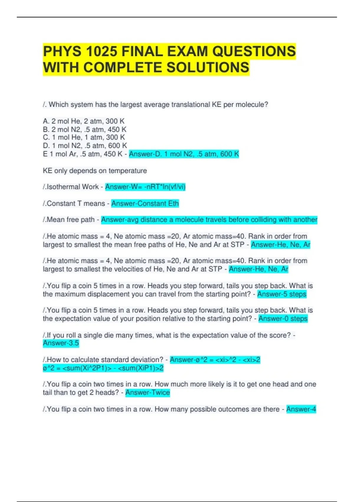 PHYS 1025 FINAL EXAM QUESTIONS WITH COMPLETE SOLUTIONS - PHYS 1025 ...