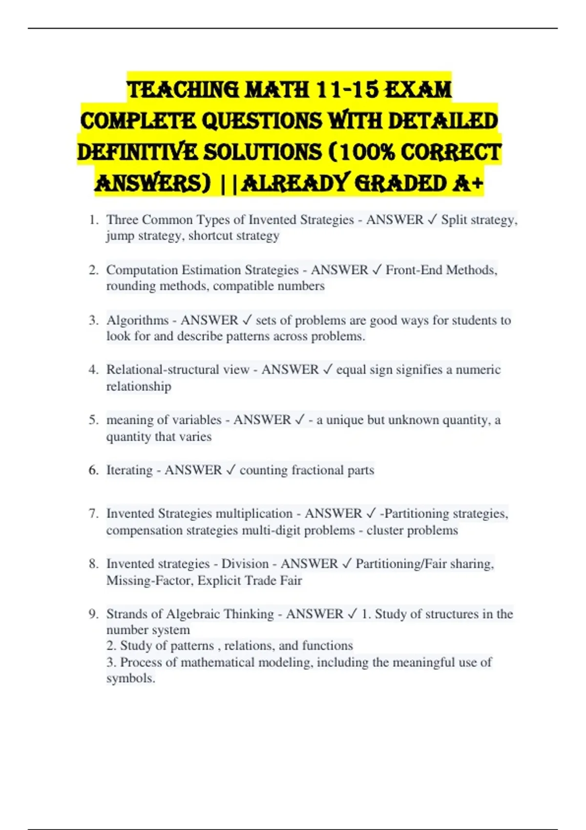 Teaching Math 11-15 EXAM COMPLETE QUESTIONS WITH DETAILED DEFINITIVE ...