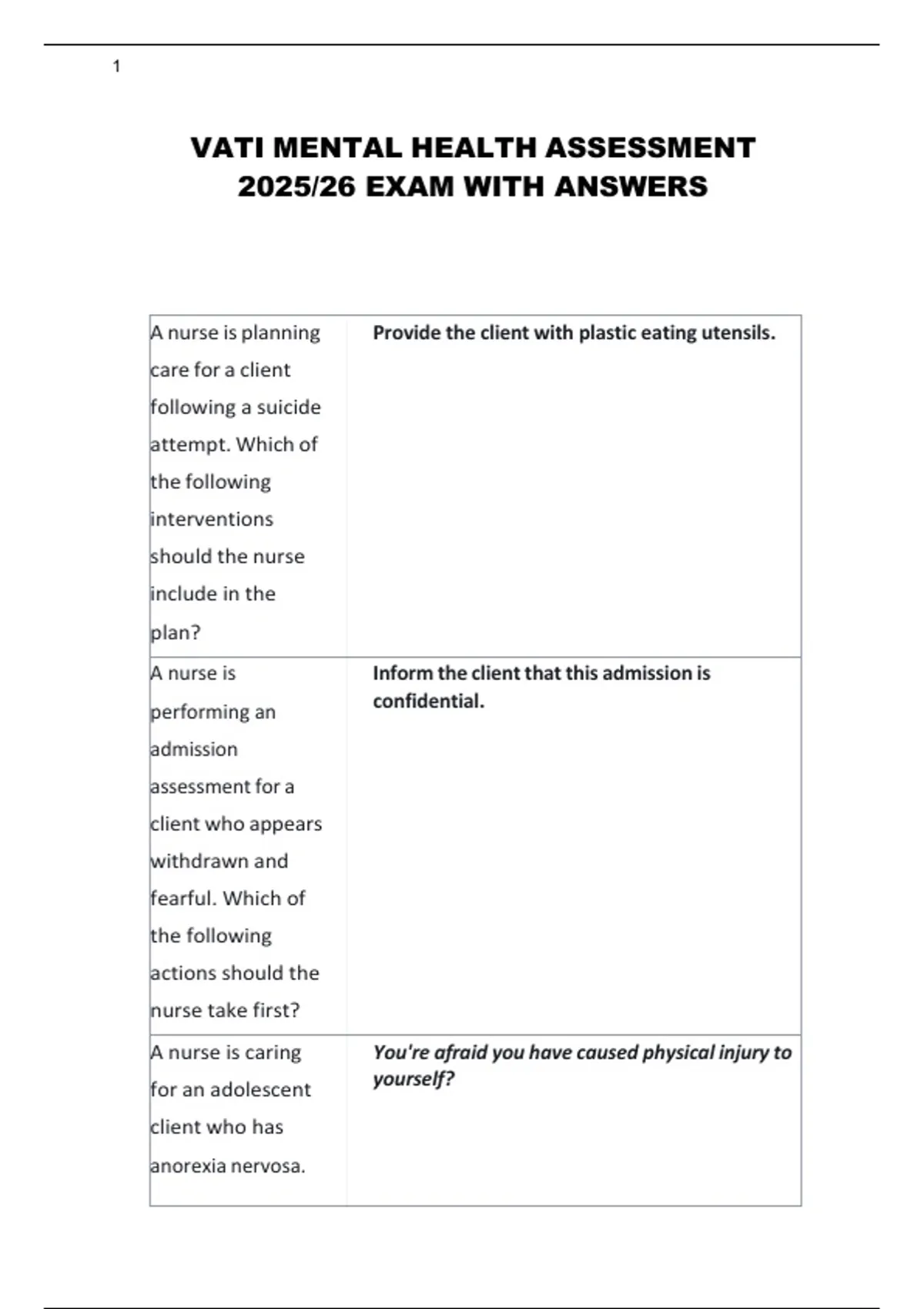 VATI MENTAL HEALTH ASSESSMENT 2025-26 EXAM WITH ANSWERS - Nurse.1 ...