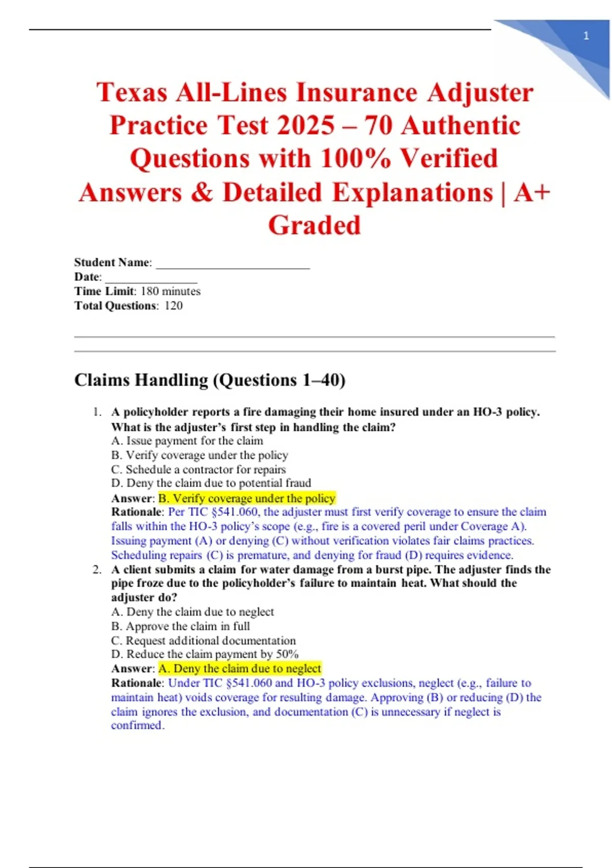 Texas All-Lines Insurance Adjuster Practice Test 2025 – 70 Authentic Questions with 100% ...