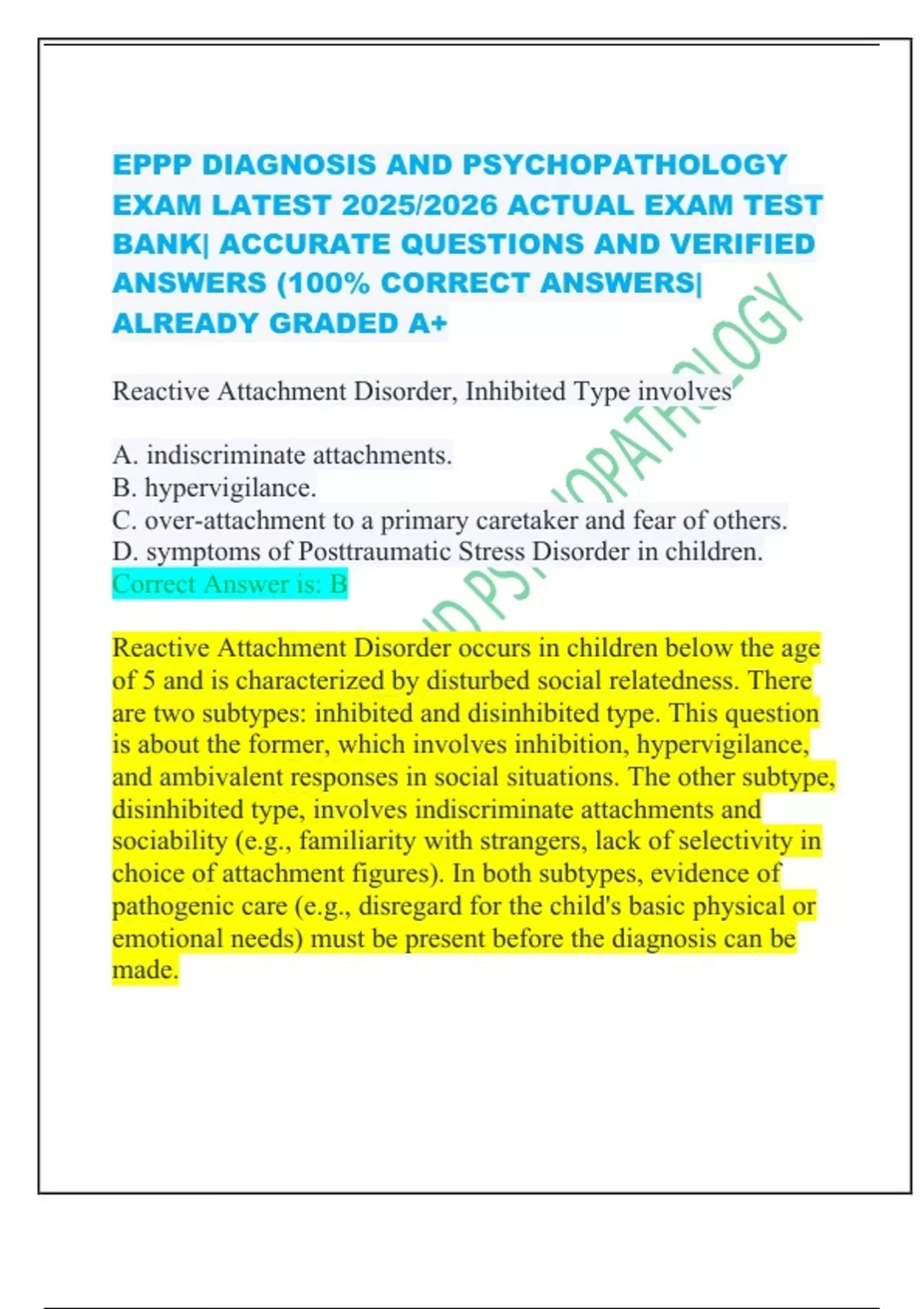 EPPP DIAGNOSIS AND PSYCHOPATHOLOGY EXAM LATEST 2025/2026 ACTUAL EXAM ...