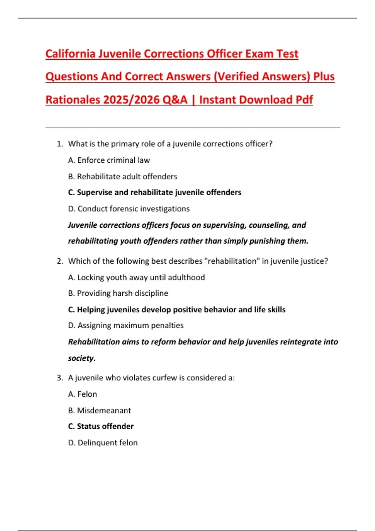 California Juvenile Corrections Officer Exam Test Questions And Correct Answers (Verified ...